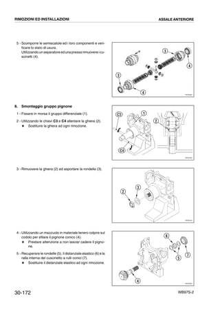 30-172 WB97S-2
5 - Scomporre le semiscatole ed i loro componenti e veri-
ficare lo stato di usura.
Utilizzandounseparatoreedunapressarimuovere icu-
scinetti (4).
8. Smontaggio gruppo pignone
1 - Fissare in morsa il gruppo differenziale (1).
2 - Utilizzando le chiavi C3 e C4 allentare la ghiera (2).
# Sostituire la ghiera ad ogni rimozione.
3 - Rimuovere la ghiera (2) ed asportare la rondella (3).
4 - Utilizzando un mazzuolo in materiale tenero colpire sul
codolo per sfilare il pignone conico (4).
# Prestare attenzione a non lasciar cadere il pigno-
ne.
5 - Recuperare le rondelle (5), il distanziale elastico (6) e la
ralla interna del cuscinetto a rulli conici (7).
# Sostituire il distanziale elastico ad ogni rimozione.
RKZ05580
3
4
3
4
RKZ05330
C3
C4
2
1
RKZ05340
3
2
RKZ05350
4
6
5
7
RIMOZIONI ED INSTALLAZIONI ASSALE ANTERIORE
 