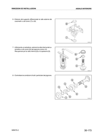 30-173WB97S-2
6 - Estrarre dal supporto differenziale le ralle esterne dei
cuscinetti a rulli conici (7) e (8).
7 - Utilizzando un estrattore, estrarre la ralla interna del cu-
scinetto a rulli conici (8) dal pignone conico (4).
Recuperare poi la ralla interna (8) e lo spessore (9).
8 - Controllare le condizioni di tutti i particolari del pignone.
RKZ05360
8
7
RKZ05370
8
9
4
RKZ05990
4
9
5
5
8
6
7
RIMOZIONI ED INSTALLAZIONI ASSALE ANTERIORE
 