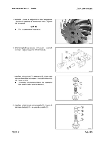 30-175WB97S-2
5 - Annotare il valore “N” segnato sulla testa del pignone.
Calcolare lo spessore “S” da installare sotto il pignone
con la formula:
S=X--N
# “S” è lo spessore del rasamento.
6 - Smontare gli attrezzi speciali e rimuovere i cuscinetti
conici (1) e (2) dal supporto differenziale (3).
7 - Installare sul pignone (7) il rasamento (8) (scelto tra la
gamma disponibile) e pressare il cuscinetto interno (1)
con l’attrezzo C10.
# Lo smusso sul diametro interno del rasamento
deve essere rivolto verso la dentatura.
8 - Installare sul pignone la prima rondella (9), il nuovo di-
stanziale elastico (10) e la seconda rondella (9).
RKZB1530
NN
RKZ01793
3
1
RKZ05440
1
8
7
RKZ05450
10
9
7
9
RIMOZIONI ED INSTALLAZIONI ASSALE ANTERIORE
 