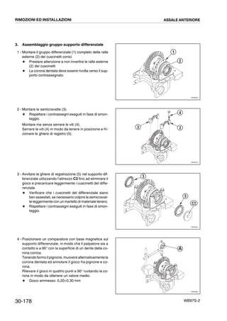 30-178 WB97S-2
3. Assemblaggio gruppo supporto differenziale
1 - Montare il gruppo differenziale (1) completo delle ralle
esterne (2) dei cuscinetti conici
# Prestare attenzione a non invertire le ralle esterne
(2) dei cuscinetti
# La corona dentata deve essere rivolta verso il sup-
porto contrassegnato.
2 - Montare le semicravatte (3).
# Rispettare i contrassegni eseguiti in fase di smon-
taggio.
Montare ma senza serrare le viti (4).
Serrare le viti (4) in modo da tenere in posizione e fri-
zionare le ghiere di registro (5).
3 - Avvitare le ghiere di registrazione (5) nel supporto dif-
ferenziale utilizzando l’attrezzo C2 fino ad eliminare il
gioco e precaricare leggermente i cuscinetti del diffe-
renziale.
# Verificare che i cuscinetti del differenziale siano
ben assestati, se necessario colpire le semicravat-
te leggermente con un martello di materiale tenero.
# Rispettare i contrassegni eseguiti in fase di smon-
taggio.
4 - Posizionare un comparatore con base magnetica sul
supporto differenziale, in modo che il palpatore sia a
contatto e a 90° con la superficie di un dente della co-
rona conica.
Tenendo fermo ilpignone,muovere alternativamente la
corona dentata ed annotare il gioco fra pignone e co-
rona.
Rilevare il gioco in quattro punti a 90° ruotando la co-
rona in modo da ottenere un valore medio.
# Gioco ammesso: 0,20÷0,30 mm
RKZ05600
1
2
RKZ05610
3 3
4
RKZ05301
5
5
C2
RKZ05620
A
RIMOZIONI ED INSTALLAZIONI ASSALE ANTERIORE
 