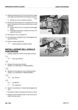 30-192 WB97S-2
11 - Allentare parzialmente le viti (7) per eliminare la coppia
diserraggioequindifacilitarelosmontaggiosuccessivo.
# Allentare le viti con il metodo incrociato.
12 - Posizionare sotto l’assale (3) un sollevatore “C” e dei
blocchi; sollevare fino a forzare i blocchi sotto i bracci
dell’assale.
# Lasciare liberi le viti (7) e le piastre (9) di fissaggio
assale.
# Il sollevatore deve poter compiere una corsa in di-
scesa di circa 20 cm.
13 - Rimuovere le viti (7), le piastre (9).
14 - Far discendere il sollevatore fino a disimpegnare l’as-
sale (8) dal telaio.
15 - Estrarre l’assale completo (8).
Assale posteriore completo: 540 kg.
INSTALLAZIONE DELL’ASSALE
POSTERIORE
• Installare seguendo l’ordine inverso della rimozione.
Dadi ruota: 800 Nm
# Spurgare l’aria dai circuiti frenanti.
(Vedere «20. CONTROLLI E REGOLAZIONI»).
# Regolare la corsa della leva freni di stazionamento.
(Vedere «20. CONTROLLI E REGOLAZIONI»).
Viti: 73,5 Nm
Viti: 980 Nm
Viti: Loctite 243
# Serrare in due tempi con il metodo del serraggio incro-
ciato.
1 - Controllare il livello nel serbatoio ed avviare il motore.
2 - Eseguire alcune sterzature totali nei due sensi per eli-
minare l’aria dai circuiti.
RKZA9240
7
5
RKZA9120
8
C
7
9
1
2
3
4
5
RIMOZIONI ED INSTALLAZIONI ASSALE POSTERIORE
 