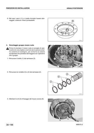 30-196 WB97S-2
6 - Nel caso i perni (11) o il piatto d’arresto fossero dan-
neggiati, sostituire l’intero portasatelliti.
4. Smontaggio gruppo mozzo ruota
Prima di smontare il mozzo ruota si consiglia di assi-
curarlo con una cinghia o una fune ad un paranco od al-
tro sistema di sostegno, per evitarne la caduta
accidentale che potrebbe danneggiare sia l’operatore
che il gruppo.
1 - Rimuovere l’anello (1) dal semiasse (2).
2 - Rimuovere le rondelle (3) e (4) dal semiasse (2).
3 - Allentare le viti (5) di fissaggio del mozzo corona (6).
RKZ05231
11
RKZB0130
1
2
RKZ06070
2
4
3
RKZB0140
5
6
RIMOZIONI ED INSTALLAZIONI ASSALE POSTERIORE
 