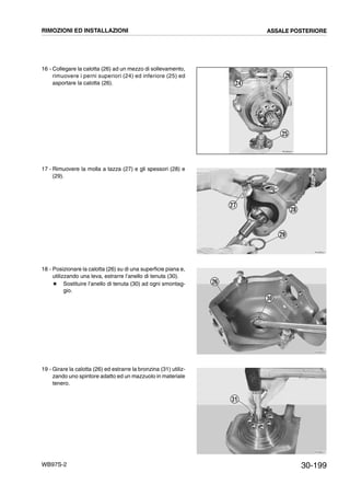 30-199WB97S-2
16 - Collegare la calotta (26) ad un mezzo di sollevamento,
rimuovere i perni superiori (24) ed inferiore (25) ed
asportare la calotta (26).
17 - Rimuovere la molla a tazza (27) e gli spessori (28) e
(29).
18 - Posizionare la calotta (26) su di una superficie piana e,
utilizzando una leva, estrarre l’anello di tenuta (30).
# Sostituire l’anello di tenuta (30) ad ogni smontag-
gio.
19 - Girare la calotta (26) ed estrarre la bronzina (31) utiliz-
zando uno spintore adatto ed un mazzuolo in materiale
tenero.
RKZB0201
24
26
25
RKZB0221
28
29
27
RKZB0231
30
26
RKZB0241
31
RIMOZIONI ED INSTALLAZIONI ASSALE POSTERIORE
 