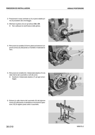 30-210 WB97S-2
2 - Posizionare il corpo centrale su di un piano stabile pri-
ma di procedere allo smontaggio.
3 - Allentare la ghiera (3) con gli attrezzi D3 e D4.
# Non sollevare le cianfrinature della ghiera.
4 - Rimuovere la rondella (4) fermo ghiera ed estrarre il pi-
gnone conico (5) utilizzando un martello in materiale te-
nero.
5 - Rimuovere le rondelle (6), il distanziale elastico (7) e la
ralla interna del cuscinetto a rulli (8) conici.
# Sostituire il distanziale elastico (7) ad ogni smon-
taggio.
6 - Estrarre la ralla interna del cuscinetto (9) dal pignone
conico (5) utilizzando un estrattore e rimuovere lo spes-
sore (10) di registro posto sotto il cuscinetto.
RKZB0600
3
D3
D4
RKZB0610
4
5
RKZB0620
6
7
8
RKZB0630
5
9
10
RIMOZIONI ED INSTALLAZIONI ASSALE POSTERIORE
 