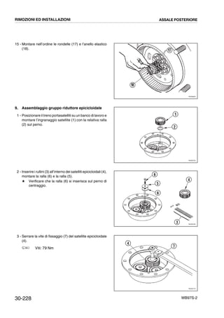 30-228 WB97S-2
15 - Montare nell’ordine le rondelle (17) e l’anello elastico
(18).
9. Assemblaggio gruppo riduttore epicicloidale
1 - Posizionare il treno portasatelliti su un banco di lavoro e
montare l’ingranaggio satellite (1) con la relativa ralla
(2) sul perno.
2 - Inserire i rullini (3) all’interno dei satelliti epicicloidali (4),
montare la ralla (6) e la ralla (5).
# Verificare che la ralla (6) si inserisca sul perno di
centraggio.
3 - Serrare la vite di fissaggio (7) del satellite epicicloidale
(4).
Viti: 79 Nm
RKZ06000
18
17
RKZ05750
1
2
RKZ05760
6
5
6
3
4
RKZ05770
4
7
RIMOZIONI ED INSTALLAZIONI ASSALE POSTERIORE
 