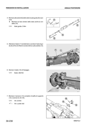 30-230 WB97S-2
4 - Montare alle estremità dello stelo le aste guida (9)e ser-
rarle.
# Montare sul lato sinistro dello stelo anche la ron-
della (10).
Aste guida: 3 Nm
5 - Allentare il dado (11)ed allentare o avvitare l’asta di gui-
da (9) al fine di infilare lo snodo sferico sulla calotta (12).
6 - Serrare il dado (13) di fissaggio.
Dado: 260 Nm
7 - Montare il sensore (14) completo di staffa di supporto
(15) e serrare le viti (16).
Viti: 23 Nm
Viti: Loctite 542
RKZ06040
12
13
12
11
RKZB1161
11 12
9
RKZB1171
13
RKZ06021
15
16
14
RIMOZIONI ED INSTALLAZIONI ASSALE POSTERIORE
 