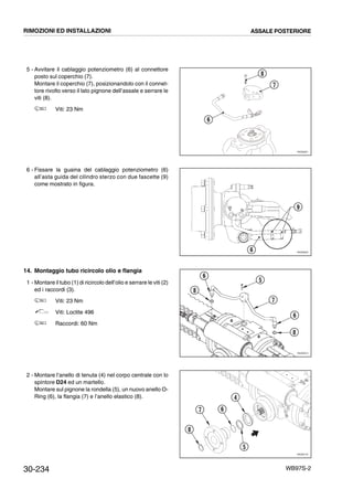 30-234 WB97S-2
5 - Avvitare il cablaggio potenziometro (6) al connettore
posto sul coperchio (7).
Montare il coperchio (7), posizionandolo con il connet-
tore rivolto verso il lato pignone dell’assale e serrare le
viti (8).
Viti: 23 Nm
6 - Fissare la guaina del cablaggio potenziometro (6)
all’asta guida del cilindro sterzo con due fascette (9)
come mostrato in figura.
14. Montaggio tubo ricircolo olio e flangia
1 - Montare il tubo (1) di ricircolo dell’olio e serrare le viti (2)
ed i raccordi (3).
Viti: 23 Nm
Viti: Loctite 496
Raccordi: 60 Nm
2 - Montare l’anello di tenuta (4) nel corpo centrale con lo
spintore D24 ed un martello.
Montare sul pignone la rondella (5), un nuovo anello O-
Ring (6), la flangia (7) e l’anello elastico (8).
RKZ06091
6
8
7
RKZ06300
6
9
RKZ06010
6
8
5
7
6
8
RKZ05170
6
4
7
8
5
RIMOZIONI ED INSTALLAZIONI ASSALE POSTERIORE
 
