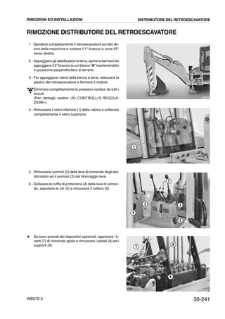 30-241WB97S-2
RIMOZIONE DISTRIBUTORE DEL RETROESCAVATORE
1 - Spostare completamente il retroescavatore sul lato de-
stro della macchina e ruotare il 1° braccio a circa 45°
verso destra.
2 - Appoggiare gli stabilizzatori a terra, aprire la benna e far
appoggiare il 2° braccio su un blocco “A” mantenendolo
in posizione perpendicolare al terreno.
3 - Far appoggiare i denti della benna a terra, sbloccare la
piastra del retroescavatore e fermare il motore.
Eliminare completamente le pressioni residue da tutti i
circuiti.
(Per i dettagli, vedere «20. CONTROLLI E REGOLA-
ZIONI»).
4 - Rimuovere il vetro inferiore (1) della cabina e sollevare
completamente il vetro superiore.
5 - Rimuovere i pomoli (2) delle leve di comando degli sta-
bilizzatori ed il pomolo (3) del bloccaggio leve.
6 - Sollevare le cuffie di protezione (4) delle leve di coman-
do, asportare le viti (5) e rimuovere il cofano (6).
# Se sono previsti dei dispositivi opzionali, sganciare i ti-
ranti (7) di comando spola e rimuovere i pedali (8) ed i
supporti (9).
RKZA1680
RKZA1100
1
RKZA9830
3
4
2
3
5
RKZA9840
6
7
8
RIMOZIONI ED INSTALLAZIONI DISTRIBUTORE DEL RETROESCAVATORE
 
