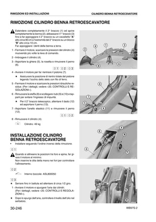 30-246 WB97S-2
RIMOZIONE CILINDRO BENNA RETROESCAVATORE
Estendere completamente il 2° braccio (1) ed aprire
completamente la benna (2); abbassare il 1° braccio (3)
fino a far appoggiare il 2° braccio su un cavalletto “A”
alto circa 90 cm e l’estremità del 2° braccio su un blocco
“B” alto circa 10 cm.
Far appoggiare i denti della benna a terra.
1 - Fermare il motore, scaricare le pressioni del cilindro (4)
muovendo più volte la leva di comando.
2 - Imbragare il cilindro (4).
3 - Asportare la ghiera (5), la rosetta e rimuovere il perno
(6).
4 - Avviare il motore per far rientrare il pistone (7).
# Assicurare la posizione di rientro totale del pistone
legando l’occhio dello stelo con filo di ferro.
5 - Fermare il motore e scaricare le pressioni idrauliche re-
sidue. (Per i dettagli, vedere «20. CONTROLLI E RE-
GOLAZIONI»).
6 - Rimuoverelastaffa(8)escollegareitubi(9)e(10)etap-
parli per evitare l’ingresso di impurità.
# Per il 2° braccio telescopico, allentare il dado (12)
ed asportare il perno (13).
7 - Asportare l’anello elastico (11) e rimuovere il perno
(12).
8 - Rimuovere il cilindro (4).
Cilindro: 49 kg
INSTALLAZIONE CILINDRO
BENNA RETROESCAVATORE
• Installare seguendo l’ordine inverso della rimozione.
Quando si allineano le posizioni tra foro e spina, far gi-
rare il motore al minimo.
Non inserire le dita della mano nei fori per controllare
l’allineamento.
Interno boccole: ASL800050
# Serrare fino in battuta ed allentare di circa 1/2 giro.
1 - Avviare il motore e spurgare l’aria dai cilindri.
(Per i dettagli, vedere «20. CONTROLLI E REGOLA-
ZIONI»).
# Dopo lo spurgo dell’aria, controllare il livello dell’olio nel
serbatoio.
RKZA2291
2
31
A
B
4
1 2 3
RKZA2300
7
4
5
6
RKZA9851
8
4
9
10
11
1 2
RKZA9950
12
13
1
2
3
RIMOZIONI ED INSTALLAZIONI CILINDRO BENNA RETROECSVATORE
 
