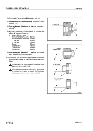 30-252 WB97S-2
5 - Bloccare sull’attrezzatura A1 il gruppo stelo (6).
6 - Soloperilcilindrodeldeportabile: rimuoverelaspina
elastica (10).
7 - Solo per lo stelo del cilindro 1° braccio: rimuovere il
grano (7).
8 - Applicare sull’esagono del pistone (11) la chiave a tubo
adatta A7 e svitare il pistone.
# Misura chiave a tubo:
Sollevamento benna ant.: 55 mm
Rovesciamento benna ant.:55 mm
1° braccio: 65 mm
2° braccio: 55 mm
Benna: 55 mm
Stabilizzatori: 46 mm
Telescopico: 46 mm
Deportabile: 46 mm
9 - Solo per lo stelo del cilindro 1° braccio: asportare le
sfere (8) ed il perno di frenatura (9).
10 - Scomporre tutti i gruppi rimuovendo tutte le guarnizioni,
le tenute parapolvere, gli anelli di guida e le boccole di
fulcro.
Le guarnizioni, le tenute parapolvere e gli anelli di
guida, non sono riutilizzabili.
Controllare attentamenteipistoni(11);sesonosta-
te utilizzate ambedue le zone della cianfrinatura di
sicurezza, i pistoni devono essere sostituti.
7
9
8
1° BRACCIO
RKZ00020
10
11
6
PISTONE
DEPORTABILE
11
6
11
6
2° BRACCIO
SOLLEVAMENTO
ROVESCIAMENTO
RKZ00010
RIMOZIONI ED INSTALLAZIONI CILINDRI
 
