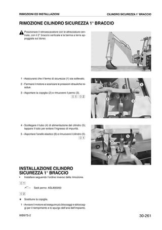 30-261WB97S-2
RIMOZIONE CILINDRO SICUREZZA 1° BRACCIO
Posizionare il retroescavatore con le attrezzature cen-
trate, con il 2° braccio verticale e la benna a terra ap-
poggiata sul dorso.
1 - Assicurarsi che il fermo di sicurezza (1) sia sollevato.
2 - Fermare il motore e scaricare le pressioni idrauliche re-
sidue.
3 - Asportare la copiglia (2) e rimuovere il perno (3).
4 - Scollegare il tubo (4) di alimentazione del cilindro (5);
tappare il tubo per evitare l’ingresso di impurità.
5 - Asportare l’anello elastico (6) e rimuovere il cilindro (5).
INSTALLAZIONE CILINDRO
SICUREZZA 1° BRACCIO
• Installare seguendo l’ordine inverso della rimozione.
Sedi perno: ASL800050
# Sostituire la copiglia.
1 - Avviare il motore ed eseguire più bloccaggi e sbloccag-
gi per il riempimento e lo spurgo dell’aria dell’impianto.
RKZA0970
RKZA9860
3
1
2
1 2
RKZA9890
4
5
6
1
1
2
RIMOZIONI ED INSTALLAZIONI CILINDRO SICUREZZA 1° BRACCIO
 