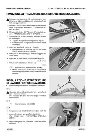 30-262 WB97S-2
RIMOZIONE ATTREZZATURE DI LAVORO RETROESCAVATORE
Estendere completamente il 2° braccio ed aprire com-
pletamente la benna; abbassare le attrezzature fino a
farle appoggiare a terra.
1 - Fermare il motore e scaricare le pressioni idrauliche re-
sidue. (Per i dettagli, vedere «20. CONTROLLI E RE-
GOLAZIONI»).
2 - Rimuovere il cilindro del 1° braccio. (Per i dettagli, ve-
dere «RIMOZIONE CILINDRO 1° BRACCIO»).
3 - Scollegare i tubi (1) sul 2° braccio e rimuovere la staffa
(2) di fissaggio.
# Tappare i tubi per evitare l’ingresso di impurità.
# Contrassegnare i tubi per evitare scambi in fase di
montaggio.
4 - Asportare la staffa (3) interna al 1° braccio
# Contrassegnare la posizione dei tubi per evitare
scambi quando verranno installati.
5 - Imbragare le attrezzature (4) e mettere in leggera ten-
sione le funi.
6 - Asportare gli anelli elastici e rimuovere il perno (5).
7 - Rimuovere le attrezzature di lavoro (4).
Attrezzature di lavoro standard: 850 kg
# Mentre si rimuovono le attrezzature sfilare i tubi di
comandoeprestareattenzionea nonfarliandare in
tensione.
INSTALLAZIONEATTREZZATURE
DI LAVORO RETROESCAVATORE
• Installare seguendo l’ordine inverso della rimozione.
Quando si allineano le posizioni tra foro e spina, far gi-
rare il motore al minimo.
Non inserire le dita della mano nei fori per controllare
l’allineamento.
Interno boccole: ASL800050
# Far passare i tubi dei cilindri all’interno delle staffe (6).
1 - Avviare il motore e spurgare l’aria dai cilindri.
(Per i dettagli, vedere «20. CONTROLLI E REGOLA-
ZIONI»).
# Dopo lo spurgo dell’aria, controllare il livello dell’olio nel
serbatoio.
RKZA9900
1
2
RKZA9870
3
1 2
3
RKZA1331
4
5
1
2
3
RKZA1342
6
RIMOZIONI ED INSTALLAZIONI ATTREZZATURE DI LAVORO RETROESCAVATORE
 