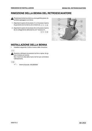 30-263WB97S-2
RIMOZIONE DELLA BENNA DEL RETROESCAVATORE
Posizionare la benna a terra su una superficie piana, fa-
cendola appoggiare sul dorso.
1 - Asportare la spina di sicurezza (1) e rimuovere il perno
di giunzione (2) tra benna (3) e tiranti (4).
2 - Asportare la spina di sicurezza (5) e rimuovere il perno
(6) di collegamento della benna al 2° braccio (7).
INSTALLAZIONE DELLA BENNA
• Installare seguendo l’ordine inverso della rimozione.
Quando si allineano le posizioni tra foro e spina, far gi-
rare il motore al minimo.
Non inserire le dita della mano nei fori per controllare
l’allineamento.
Interno boccole: ASL800050
RKZA1350
4
7
6
5
3
2
1
1 2
1 2
1
2
RIMOZIONI ED INSTALLAZIONI BENNA DEL RETROESCAVATORE
 