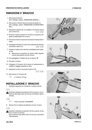 30-264 WB97S-2
RIMOZIONE 2° BRACCIO
1 - Rimuovere la benna.
(Per i dettagli, vedere «RIMOZIONE BENNA»).
2 - Rimuovere il cilindro benna e la leva di spinta (1).
(Per i dettagli, vedere «RIMOZIONE CILINDRO BEN-
NA»).
3 - Asportare la ghiera (2), la rondella e rimuovere il perno
(3) e le leve (4).
4 - Avviare il motore, portare il 2° braccio in posizione ver-
ticale ed abbassarlo fino a terra.
5 - Fermare il motore e scaricare le pressioniresidue del ci-
lindro.
6 - Imbragare il cilindro 2° braccio (5), asportare la vite (6) e
rimuovere il perno (7).
7 - Avviare il motore e far rientrare completamente il pisto-
ne (8).
# Assicurare la posizione di rientro totale legando
l’occhio del pistone con filo di ferro.
8 - Far appoggiare il cilindro (5) su un blocco “A”.
9 - Fermare il motore.
10 - Collegare il 2°braccio (9) al mezzo di sollevamento e
mettere in leggera tensione la fune.
11 - Asportare la vite e rimuovere il perno (10).
12 - Rimuovere il 2° braccio (9).
2° braccio: 213 kg
INSTALLAZIONE 2° BRACCIO
• Installare seguendo la rimozione in ordine inverso.
Quando si allineano le posizioni tra foro e perno, non in-
serire le dita della mano nei fori per controllare l’alline-
amento.
Interno boccole: ASL800050
# Serrare fino in battuta ed allentare di circa 1/2 giro.
Quando si allineano le posizioni fra foro e perno, far gi-
rare il motore al minimo.
Non inserire le dita della mano nei fori per controllare
l’allineamento.
RKZA1360
1
3
4
2
1 2
RKZA1201
8 5
2 3
RKZA1370
7
6
1 2
RKZA1380
10
A
9
1
2
3
RIMOZIONI ED INSTALLAZIONI 2° BRACCIO
 