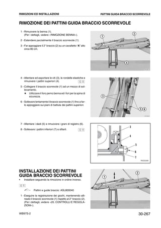 30-267WB97S-2
RIMOZIONE DEI PATTINI GUIDA BRACCIO SCORREVOLE
1 - Rimuovere la benna (1).
(Per i dettagli, vedere «RIMOZIONE BENNA»).
2 - Estendere parzialmente il braccio scorrevole (1).
3 - Far appoggiare il 2° braccio (2) su un cavalletto “A” alto
circa 80 cm.
4 - Allentare ed asportare le viti (3), le rondelle elastiche e
rimuovere i pattini superiori (4).
5 - Collegare il braccio scorrevole (1) ad un mezzo di sol-
levamento.
# Utilizzare il foro perno benna ed i fori per la spina di
sicurezza.
6 - Sollevare lentamente il braccio scorrevole (1) fino a far-
lo appoggiare sui piani di battuta dei pattini superiori.
7 - Allentare i dadi (5) e rimuovere i grani di registro (6).
8 - Sollevare i pattini inferiori (7) e sfilarli.
INSTALLAZIONE DEI PATTINI
GUIDA BRACCIO SCORREVOLE
• Installare seguendo la rimozione in ordine inverso.
Pattini e guide braccio: ASL800040
1 - Eseguire la registrazione dei giochi, mantenendo alli-
neato il braccio scorrevole (1) rispetto al 2° braccio (2).
(Per i dettagli, vedere «20. CONTROLLI E REGOLA-
ZIONI»).
RKZA8010
1
2
A
RKZA8020
3
5 6
1
RKZ02390
3
4
5
6
7
1
RKZA8030
1
2
1
RIMOZIONI ED INSTALLAZIONI PATTINI GUIDA BRACCIO SCORREVOLE
 