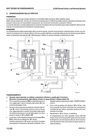 10-68 WB97S-2
5. COMPENSAZIONE DELLE PORTATE
PREMESSA
La portata inviata ad ogni singolo attuatore è controllata dalla posizione delle rispettive spole.
Nelle valvole tradizionali, nel caso di movimenti contemporanei, la differenza delle pressioni operative tra attuatori può
causare improvvise ed imprevedibili accelerazioni dei movimenti funzionanti a pressioni inferiori.
La valvola utilizzata in questa applicazione consente di rimediare all’inconveniente sopra citato mediante l’utilizzo di val-
vole per la compensazione di pressione (compensatori).
FUNZIONE
La compensazione delle portate degli utilizzi avviene quando, durante l’azionamento contemporaneo di due o più mo-
vimenti, la pressione di un utilizzo diviene inferiore a quella dell’altro e la portata della pompa aumenta a causa dell’au-
mento di pressione del segnale LS. (Nell’esempio l’utilizzo di sinistra richiede la pressione più alta).
FUNZIONAMENTO
1. Quando viene azionato un utilizzo a pressione inferiore a quello già in funzione
(Durante il funzionamento dell’utilizzo sinistro A viene attivato l’utilizzo destro B)
RKZ02310
A B
PA
PAV
PP
PBV
PB
PLS
C
d
4
3
1
b
a
2
DATI TECNICI DI FUNZIONAMENTO CLSS (Closed Center Load Sensing System)
• Fino a quandola pressionePBV a valle della spola (1)
non raggiunge il valore richiesto dall’utilizzo B, non
avviene passaggio d’olio.
• Quando viene superata la pressione richiesta dall’uti-
lizzo B, inizia il movimento quindi si crea un flusso
che, aggiungendosi a quello controllato dalla spola
(3) riduce la pressione a monte delle spole (1) e (3) e
quindi si riduce il ,P tra PLS e PP.
• La pompa, confrontando le pressioni di mandata PP e
PLS, sente che la differenza ,P18 bar.
Questa variazione di ,P causa l’aumento di portata
aumentando l’inclinazione del piatto oscillante. (Per i
dettagli vedere la descrizione della «POMPA IDRAU-
LICA»).
• Fino a che la pompa non riporta il ,P a 18 bar, cioè
fino a quando l’aumento di portata non compensa la
richiesta dai due utilizzi, la pompa continua ad incre-
mentare la portata.
• Ripristinato il ,P di 18 bar, si stabilizza.
• Il compensatore (2) viene spostato verso l’alto dal
flusso d’olio esiferma quandol’aperturatralecamere
a e b genera una strozzatura tale da ridurre la pres-
sione presente nella camera b che deve essere in-
viata all’utilizzo.
 