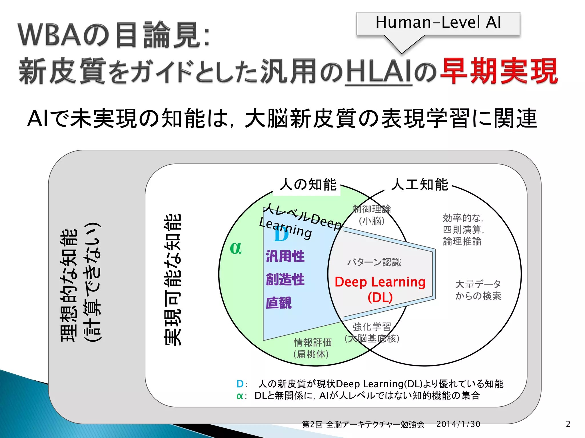 Human-Level AI

AIで未実現の知能は，大脳新皮質の表現学習に関連

実現可能な知能

理想的な知能
(計算できない)

人の知能

α

人工知能
制御理論
(小脳)

D
汎用性
創造性
直観
情報評価
(扁桃体)

効率的な，
四則演算，
論理推論

パターン認識

Deep Learning
(DL)

大量データ
からの検索

強化学習
(大脳基底核)

D： 人の新皮質が現状Deep Learning(DL)より優れている知能
α： DLと無関係に，AIが人レベルではない知的機能の集合
第2回 全脳アーキテクチャー勉強会

2014/1/30

2

 
