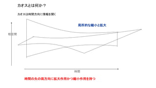 カオスとは何か？
カオスは時間方向に情報を開く
時間の矢の両方向に拡大作用かつ縮小作用を持つ
局所的な縮小と拡大
相空間
時間
 