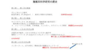 複雑系科学研究の歴史
第１期： 第一次大戦後
ゲシュタルト心理学、
創造的進化（H. Bergson）： 創成と発展の生物進化 全体性(totality)
第２期： 第二次大戦後
サイバネティクス（N. Wiener）： 複雑現象の数学研究：
確率微分方程式による複雑時系列の解析
⇒ フィードバック制御、予測理論、フィルター、ホワイトノイズ解析 普遍性(universality)
第３期： １９８０年代以降
非線形非平衡系：カオス力学系とフラクタル幾何学
複雑ネットワーク（P. Erdösのランダムネットワーク理論がおおもと）
繰り返しと決定論的複雑性(deterministic
complexity)
第４期：２０００年以降
インターネット、IoTの時代：環境自体が複雑なネットワーク
機能分化（functional differentiation）
今いるところ
 