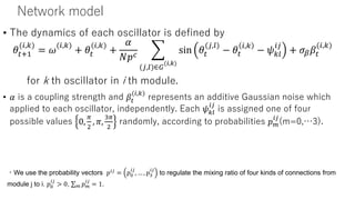 Network model
• The dynamics of each oscillator is defined by
𝜃𝑡+1
(𝑖,𝑘)
= 𝜔
(𝑖,𝑘)
+ 𝜃𝑡
(𝑖,𝑘)
+
𝛼
𝑁𝑝 𝑐
෍
(𝑗,𝑙)∈𝐺
(𝑖,𝑘)
sin 𝜃𝑡
(𝑗,𝑙)
− 𝜃𝑡
𝑖,𝑘
− 𝜓 𝑘𝑙
𝑖𝑗
+ 𝜎𝛽 𝛽𝑡
(𝑖,𝑘)
for k th oscillator in i th module.
• 𝛼 is a coupling strength and 𝛽𝑡
(𝑖,𝑘)
represents an additive Gaussian noise which
applied to each oscillator, independently. Each 𝜓 𝑘𝑙
𝑖𝑗
is assigned one of four
possible values 0,
𝜋
2
, 𝜋,
3𝜋
2
randomly, according to probabilities 𝑝 𝑚
𝑖𝑗
(m=0,…3).
・We use the probability vectors 𝑝 𝑖𝑗 = 𝑝0
𝑖𝑗
, … , 𝑝3
𝑖𝑗
to regulate the mixing ratio of four kinds of connections from
module j to i. 𝑝0
𝑖𝑗
> 0, σ 𝑚 𝑝 𝑚
𝑖𝑗
= 1.
 