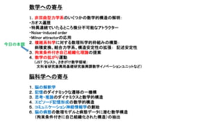 脳科学への寄与
１．脳の解釈学
２．記憶のダイナミックな遷移の一機構
３．思考・推論のダイナミクスと数学的構造
４．エピソード記憶形成の数学的構造
５．コミュニケーション神経情報学の創始
６．脳の病態の数理モデルと病態データに潜む数学構造
（拘束条件付きに自己組織化された構造）の抽出
数学への寄与
１．非双曲型力学系のいくつかの数学的構造の解明：
・カオス遍歴
・特異連続でいたるところ微分不可能なアトラクター
・Noise-induced order
・Milnor attractorの応用
２．複雑系科学に対する数理科学的枠組みの構築：
斜積変換、結合力学系、構造安定性の拡張： 記述安定性
３．拘束条件付き自己組織化理論の提案
４．数学の拡がり運動
（JST クレスト、さきがけ数学領域；
文科省研究振興局基礎研究振興課数学イノベーションユニットなど）
今日の本題
 