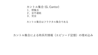 カントル集合 (G. Cantor)
１．閉集合
２．全不連結
３．完全
カントル集合はフラクタル集合である
カントル集合による時系列情報（エピソード記憶）の埋め込み
 