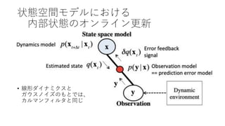 状態空間モデルにおける
内部状態のオンライン更新
• 線形ダイナミクスと
ガウスノイズのもとでは、
カルマンフィルタと同じ
 