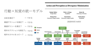 ⾏動＋知覚の統⼀モデル
2020年9⽉ ArXiV
未来を推定？
最適アクションを推定？
最適ポリシーを推定？
相⼿のアクションを推定？
相⼿のスキルをコピー？
← できる
← できる
← できる
← できる
← できる
 