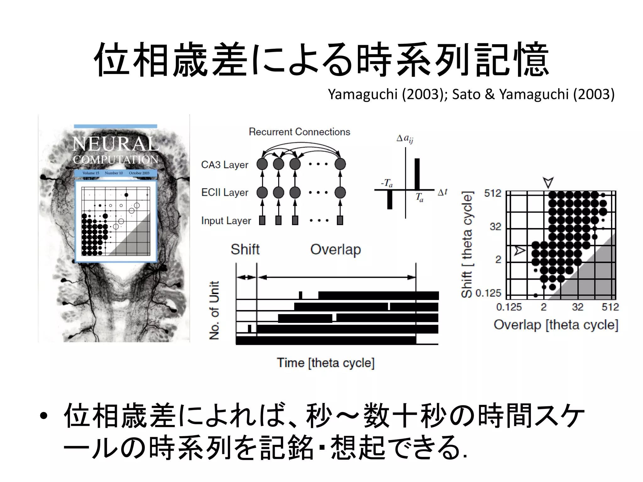 位相歳差による時系列記憶
• 位相歳差によれば、秒～数十秒の時間スケ
ールの時系列を記銘・想起できる．
Yamaguchi (2003); Sato & Yamaguchi (2003)
 