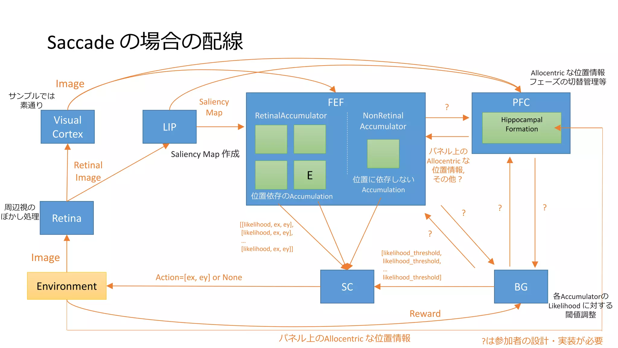 Saccade の場合の配線
Environment
Retina
Visual
Cortex
LIP
FEF PFC
SC BG
Hippocampal
Formation
RetinalAccumulator
E
位置依存のAccumulation
NonRetinal
Accumulator
パネル上のAllocentric な位置情報
Image
周辺視の
ぼかし処理
サンプルでは
素通り
Saliency Map 作成
位置に依存しない
Accumulation
[[likelihood, ex, ey],
[likelihood, ex, ey],
…
[likelihood, ex, ey]]
Allocentric な位置情報
フェーズの切替管理等
パネル上の
Allocentric な
位置情報,
その他？
Image
Saliency
Map
?
? ?
[likelihood_threshold,
likelihood_threshold,
…
likelihood_threshold]
?
?
各Accumulatorの
Likelihood に対する
閾値調整
Action=[ex, ey] or None
?は参加者の設計・実装が必要
Retinal
Image
Reward
 