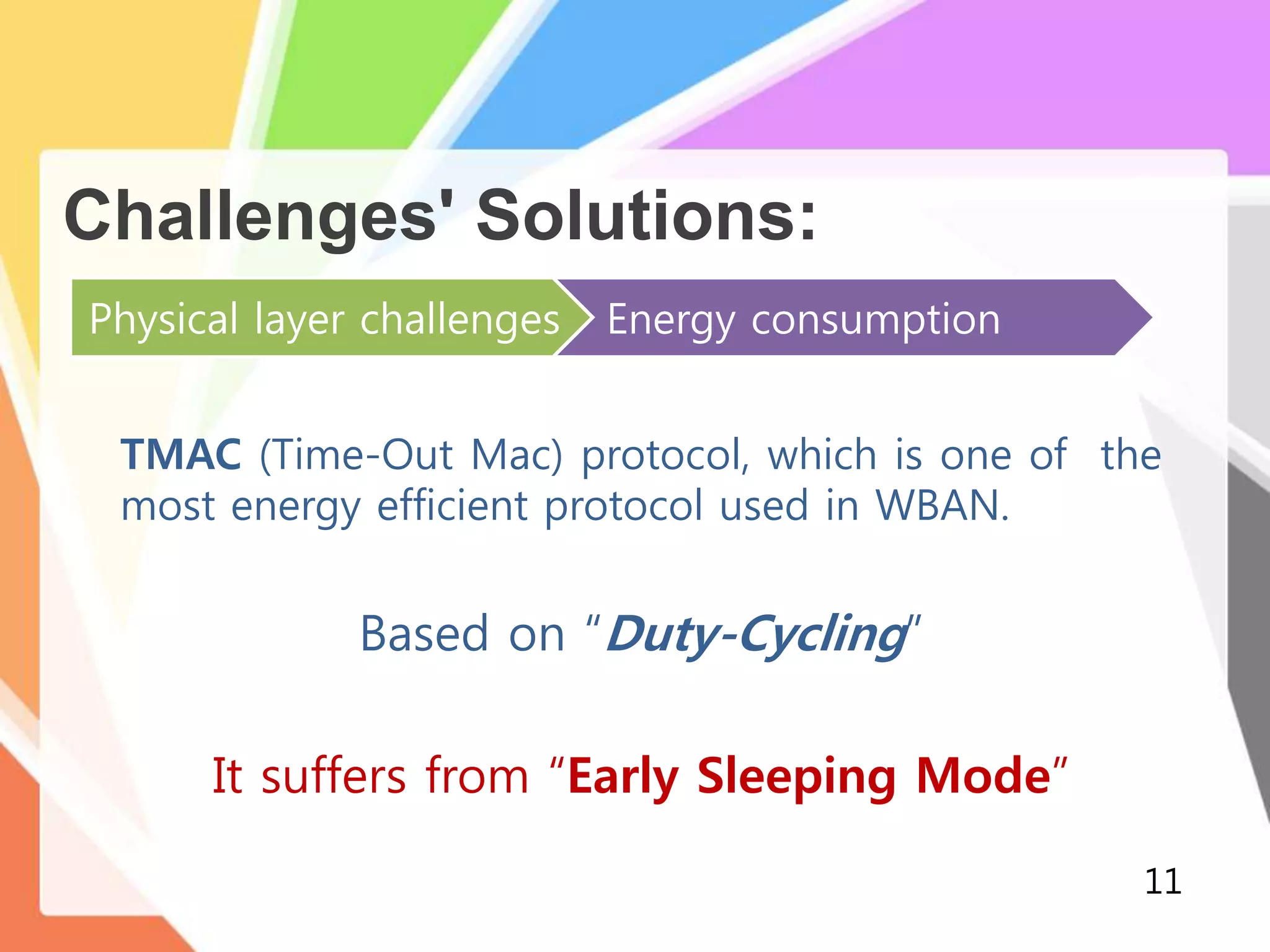 Challenges' Solutions:
TMAC (Time-Out Mac) protocol, which is one of the
most energy efficient protocol used in WBAN.
Based on “Duty-Cycling”
It suffers from “Early Sleeping Mode”
Physical layer challenges Energy consumption
11
 