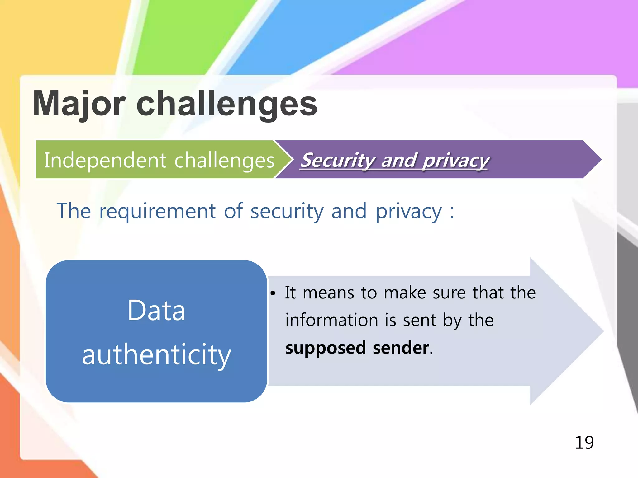 Major challenges
Independent challenges Security and privacy
The requirement of security and privacy :
• It means to make sure that the
information is sent by the
supposed sender.
Data
authenticity
19
 