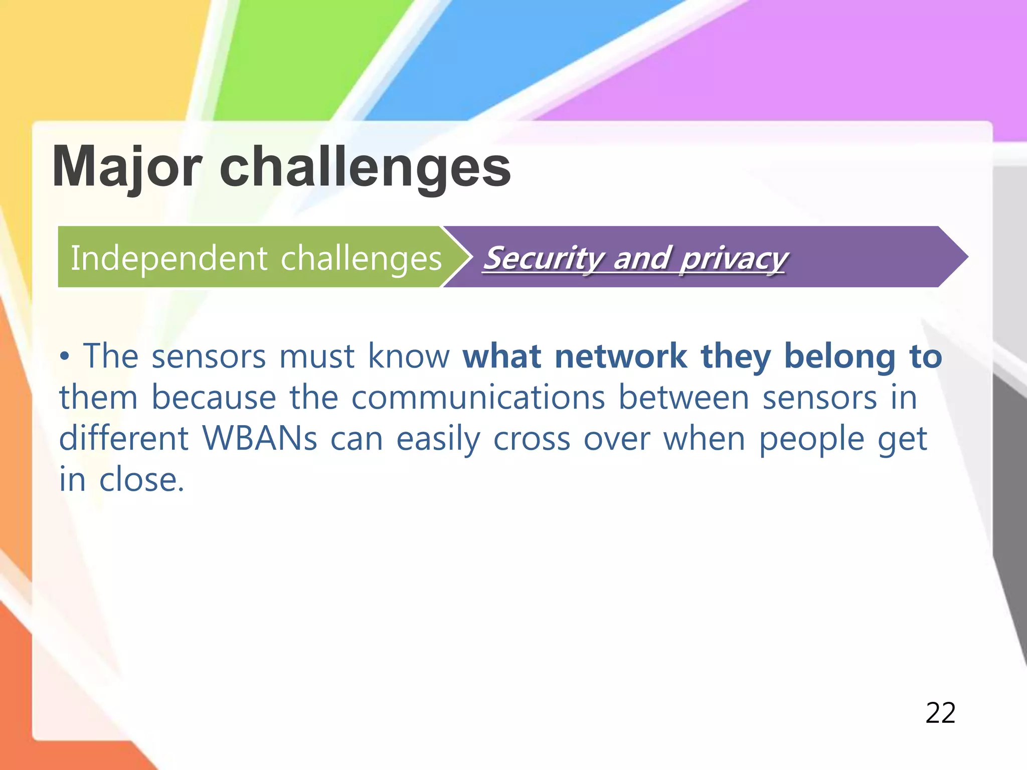 Major challenges
Independent challenges Security and privacy
• The sensors must know what network they belong to
them because the communications between sensors in
different WBANs can easily cross over when people get
in close.
22
 