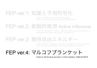 FEP ver.1: 知覚と予測符号化
FEP ver.2: 能動的推測 Active inference
FEP ver.3: 期待自由エネルギー
FEP ver.4: マルコフブランケット
Friston K. (2005) A theory of cortical responses.
Philos Trans R Soc Lond B Biol Sci. 360(1456):815-36
Friston KJ, Daunizeau J, Kilner J, Kiebel SJ. (2010) Action and behavior: a
free-energy formulation. Biol Cybern. 102(3):227-60.
Friston K, Rigoli F, Ognibene D, Mathys C, Fitzgerald T, Pezzulo G. (2015)
Active inference and epistemic value. Cogn Neurosci. 6(4):187-214.
Friston K. (2013) Life as we know it. J R Soc Interface. 10(86):20130475.
 