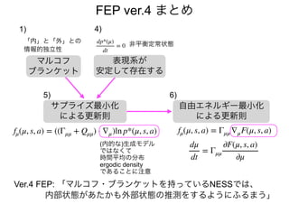 マルコフ
ブランケット
表現系が
安定して存在する
「内」と「外」との
情報的独立性
dp*(μ)
dt
= 0 非平衡定常状態
サプライズ最小化
による更新則
自由エネルギー最小化
による更新則
FEP ver.4 まとめ
fμ(μ, s, a) = Γμμ ∇μF(μ, s, a)fμ(μ, s, a) = ((Γμμ + Qμμ) ⋅ ∇μ)ln p*(μ, s, a)
Ver.4 FEP: 「マルコフ・ブランケットを持っているNESSでは、
内部状態があたかも外部状態の推測をするようにふるまう」
(内的な)生成モデル
ではなくて
時間平均の分布
ergodic density
であることに注意
4)1)
5) 6)
dμ
dt
= Γμμ
∂F(μ, s, a)
∂μ
 