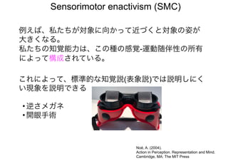 Noë, A. (2004).
Action in Perception. Representation and Mind.
Cambridge, MA: The MIT Press
例えば、私たちが対象に向かって近づくと対象の姿が
大きくなる。
私たちの知覚能力は、この種の感覚-運動随伴性の所有
によって構成されている。
Sensorimotor enactivism (SMC)
これによって、標準的な知覚説(表象説)では説明しにく
い現象を説明できる
• 逆さメガネ
• 開眼手術
 