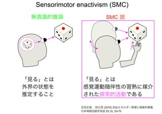 無意識的推論 SMC 説
「見る」とは
感覚運動随伴性の習熟に媒介
された探索的活動である
吉田正俊， 田口茂 (2018) 自由エネルギー原理と視覚的意識.
日本神経回路学会誌 25 (3), 53-70
「見る」とは
外界の状態を
推定すること
Sensorimotor enactivism (SMC)
 