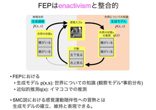 FEPはenactivismと整合的
• FEPにおける
• 生成モデル p(x,s): 世界についての知識 (観察モデル*事前分布)
• 近似的推測q(x): イマココでの推測
• SMC説における感覚運動随伴性への習熟とは
生成モデルの確立、維持と表現できる。
 
