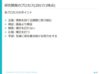 Copyright © 2016 TIS Inc. All rights reserved. 10
各プロセスのポイント
 企画: 情熱を持てる課題に取り組む
 検証: 議論より検証
 開発: 博打を打たない
 広報: 博打を打つ
 学習: 先端に身を置き続ける努力をする
研究開発のプロセス(2017/1時点)
 