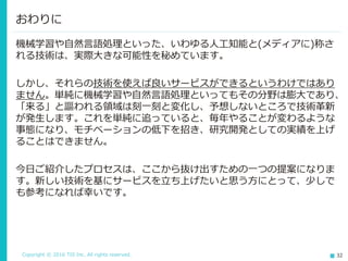 Copyright © 2016 TIS Inc. All rights reserved. 32
機械学習や自然言語処理といった、いわゆる人工知能と(メディアに)称さ
れる技術は、実際大きな可能性を秘めています。
しかし、それらの技術を使えば良いサービスができるというわけではあり
ません。単純に機械学習や自然言語処理といってもその分野は膨大であり、
「来る」と謳われる領域は刻一刻と変化し、予想しないところで技術革新
が発生します。これを単純に追っていると、毎年やることが変わるような
事態になり、モチベーションの低下を招き、研究開発としての実績を上げ
ることはできません。
今日ご紹介したプロセスは、ここから抜け出すための一つの提案になりま
す。新しい技術を基にサービスを立ち上げたいと思う方にとって、少しで
も参考になれば幸いです。
おわりに
 