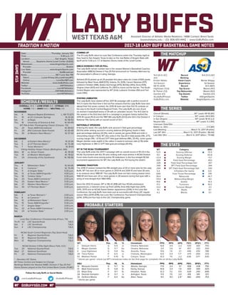 GOBUFFSGO.COM
LADY BUFFSAssistant Director of Athletic Media Relations / WBB Contact: Brent Seals
bseals@wtamu.edu | (O): 806-651-4442 | www.GoBuffsGo.com
2017-18 LADY BUFF BASKETBALL GAME NOTES
GAME#15
SCHEDULE/RESULTS
THE MATCHUP
THE SERIES
THE STATS
PROBABLE STARTERS
14-0 (6-0 LSC)
2nd
Kristen Mattio
3rd Season
68-14 (.829)
Hightower (13.6)
M. Parker (7.0)
Gamble (4.1)
@LadyBuffHoops
GoBuffsGo.com
Record
Ranking
Head Coach
Experience
Record
Top Scorer
Top Rebounder
Top Assists
Twitter
Website
8-4 (3-3 LSC)
---
Renae Shippy
1st Season
8-4 (.667)
Moore (14.1)
Moore (10.1)
Daniels (3.1)
@AngeloSports
AngeloSports.com
Overall (Streak):..................................................WT Leads 49-18 (W1)
In Canyon:............................................................WT Leads 28-6 (W1)
In San Angelo:.....................................................WT Leads 18-10 (L2)
Neutral Site:............................................................WT Leads 3-2 (W1)
Unknown Date/Site:................................................................................
Mattio vs. ASU:..........................................................................2-5 (W1)
Last Meeting:................................................March 13, 2017 (Pueblo)
Last WT Win:..................................March 13, 2017 (Pueblo / 86-64)
Last ASU Win:.....................................March 4, 2017 (Allen / 70-68)
WT
72.5
51.1
+21.4
.505
.329
.349
.254
5.4
.649
39.4
+10.0
19.8
17.2
+0.4
9.1
4.2
Category
Scoring Offense
Scoring Defense
Scoring Margin
Field Goal Percentage
Field Goal Percentage Def.
3PT Field Goal Percentage
3PT Field Goal Percentage Def.
3-Pointers Per Game
Free Throw Percentage
Rebounds
Rebounding Margin
Assists
Turnovers
Turnover Margin
Steals
Blocks
ASU
72.5
60.8
+11.7
.402
.357
.344
.335
6.9
.745
44.7
+8.1
14.4
16.0
-0.1
8.1
5.1
WT 		 Pos. 	 Ht. 	 Yr. 	 Hometown 	 PPG 	 RPG 	 APG 	 FG% 	 3FG% 	 FT%
2	 Deleyah Harris	 G	 5-9	 Jr.	 Omaha, Nebraska	 10.6	 4.9	 2.2	 .505	 .300	 .750
3	 Megan Gamble	 G	 5-7	 So.	 Omaha, Nebraska	 3.4	 2.6	 4.1	 .457	 .333	 .500
4	 Lexy Hightower	 G	 5-8	 So.	 Amarillo, Texas	 13.6	 1.9	 2.1	 .446	 .434	 .788
20	 Tiana Parker	 P	 6-5	 Jr.	 Chehalis, Washington	 6.9	 5.4	 1.7^	 .474	 .000	 .333
42	 Madison Parker	 F	 5-10	 Sr.	 Canyon, Texas	 10.3	 7.0	 2.2	 .636	 .077	 .630
^ blocks per game | check out WT’s broadcast notes on the final page for complete info on all the Lady Buffs
ASU	 Pos. 	 Ht. 	 Yr. 	 Hometown 	 PPG 	 RPG 	 APG 	 FG% 	 3FG% 	 FT%
10	 Marquita Daniels	 G	 5-7	 Sr.	 Atlanta, Georgia	 11.9	 3.4	 3.1	 .408	 .208	 .750
13	 Madi Greenwood	 G	 5-8	 Sr.	 Derby, Kansas	 10.9	 3.4	 1.9	 .400	 .449	 .925
22	 Ekiya Gray	 F	 6-1	 Sr.	 Houston, Texas	 12.2	 7.2	 0.5	 .526	 .250	 .606
24	 Dezirae Hampton	 G	 5-7	 Jr.	 Arlington, Texas	 11.5	 7.5	 2.0	 .419	 .391	 .571
32	 De’Anira Moore	 F	 6-4	 So.	 Allen, Texas	 14.1	 10.1	 2.9^	 .482	 .000	 .753
^ blocks per game
OVERALL: 14-0 | LONE STAR: 6-0 | STREAK: W14
HOME: 7-0 | AWAY: 6-0 | NEUTRAL: 1-0
NOVEMBER
Sat.	 4	 Wayland Baptist (Exhibition)		L, 68-73 (OT)
Fri.	 10	 at UC-Colorado Springs		 W, 61-34
Sat.	 11	 at Regis		 W, 58-53
Thu.	 16	 University of Science & Arts		 W, 60-49
WT Pak-A-Sak Thanksgiving Classic (Canyon, TX)
Thu.	 24	 Texas A&M-International		 W, 89-63
Fri. 	 25	 (RV) Colorado State-Pueblo		 W, 65-49
Thu.	 30	 at Western New Mexico *		 W, 57-43
DECEMBER
Sat.	 2	 at Eastern New Mexico *		 W, 61-44
Tue.	 5	 at UT Permian Basin *		 W, 75-48
Thu.	 7	 Texas Woman’s *		 W, 81-61
Viking Holiday Hoops Classic (Bellingham, WA)
Mon.	 18	 vs. Simon Frasier		 W, 78-59
Tue. 	 19	 at Western Washington		 W, 78-62
Fri.	 29	 University of the Southwest		 W, 118-56
JANUARY
Thu.	 4	 Midwestern State *		 W, 64-46
Sat. 	 6	 Cameron *		 W, 70-49
Thu. 	 11	 at Angelo State *		 5:30 p.m.
Sat.	 13	 at Texas A&M-Kingsville *		 4:00 p.m.
Thu. 	 18	 Tarleton State *		 5:30 p.m.
Sat. 	 20	 Texas A&M-Commerce *		 2:00 p.m.
Thu.	 25	 Eastern New Mexico *		 5:30 p.m.
Sat.	 27	 Western New Mexico *		 2:00 p.m.
Tue.	 30	 UT Permian Basin *		 5:30 p.m.
FEBRUARY
Sat.	 3	 at Texas Woman’s *		 2:00 p.m.
Thu.	 8	 at Cameron *		 5:30 p.m.
Sat.	 10	 at Midwestern State *		 2:00 p.m.
Thu.	 15	 Texas A&M-Kingsville *		 5:30 p.m.
Sat.	 17	 Angelo State *		 2:00 p.m.
Thu.	 22	 at Texas A&M-Commerce *		 5:30 p.m.
Sat.	 24	 at Tarleton State *		 2:00 p.m.
MARCH
Lone Star Conference Championship (Frisco, TX)
Th./Fr.	 1/2	 LSC Quarterfinals		 T.B.D.
Sat.	 3	 LSC Semifinals		 T.B.D.
Sun.	 4	 LSC Championship		 T.B.D.
NCAA South Central Regionals (Top Seed Host)
Fri.	 9	 Regional Quarterfinals		 T.B.D.
Sat.	 10	 Regional Semifinals		 T.B.D.
Mon.	 12	 Regional Championship		 T.B.D.
NCAA Division II Elite Eight (Sioux Falls, S.D.)
Tue.	 20	 National Quarterfinals		 T.B.D.
Wed.	 21	 National Semifinals		 T.B.D.
Fri.	 23	 National Championship		 T.B.D.
* - Denotes LSC Game
All Times Central and Subject to Change
Rankings Refelct the Newest NABC Division II Top-25 Poll
Home Games played at the First United Bank Center (FUBC)
WEST TEXAS A&M
COMING UP
The #2 Lady Buffs return to Lone Star Conference action this Thursday night as
they head to San Angelo, Texas to take on the rival Belles of Angelo State with
tipoff set for 5:30 p.m. CT at Stephen Arena inside of the Junell Center.
WBCA DIVISION II TOP-25 POLL
The Lady Buffs remain number two in the newest Women’s Basketball Coaches
Association (WBCA) Division II Top-25 Poll announced on Tuesday afternoon by
the association’s offices in Luling, Georgia.
Ashland (15-0) picked up all 24 possible first place votes for a total of 600 points
followed by West Texas A&M (570), Indiana, Pa. (535), Carson Newman (517),
Lubbock Christian (496), Alaska Anchorage (470), Bentley (443), Drury (435),
Virginia Union (423) and California, Pa. (397) to round out the top ten. The South
Central Region was represented by WT (2nd), Lubbock Christian (5th) and Fort
Lewis (13th).
STAYING UNBEATEN
The Lady Buffs have started off the 2017-18 campaign with a perfect record of
14-0. It marks the third time in the last five seasons that the Lady Buffs have won
atleast their first seven contest, the 2015-16 team won their first 15 contests on
the way to the South Central Regional Finals. The Lady Buffs are one of just
six women’s basketball teams in DII with an unbeaten record. The 14-0 start to
this season is the third best start to a campaign in program history behind the
2015-16 squad (15-0) and the 1987-88 Lady Buffs (33-0) who fell in the Division II
National Title Game with an overall record of 33-1.
NATIONALLY SPEAKING
Entering the week, the Lady Buffs rank second in field goal percentage
(50.5%) while ranking second in scoring defense (51.1/game), fourth in field
goal percentage defense (32.9%), sixth in assists per game (19.8) and ninth in
rebounding margin (+10.0). WT also ranks in the Top-20 in total assists (11th, 277),
scoring margin (11th, +21.4) and 3-PT field goal defense (18th, 25.4%). Junior guard
Megan Gambe ranks eighth in the nation in assist to turnover ratio (2.76) while
Lexy Hightower is 34th in 3-PT field goal percentage (43.4%).
WT IN THE NCAA TOURNAMENT
The Lady Buffs enter the 2017-1 campaign with an overall record of 35-23 in the
NCAA Tournament with the 35 wins ranking sixth-most all-time in NCAA Division
II and ranks fourth-most among active DII institutions. In the four-straight NCAA
tournament appearances for WT, the Lady Buffs are 13-4 during the stretch.
WINNING TRADITION
The 2016-17 season marked the fifth-straight year of 20 or more wins for the Lady
Buffs. WT has won 30 or more games in 2013-14 and 2014-15 and have 30 wins
in six seasons since 1980-81. The Lady Buffs have not had a losing season since
1980-81 and have won 20 or more games in 28 seasons during that span with a
string of nine-straight from 1983-1992.
Since the 2012-13 season, WT is 136-31 (.818) with four NCAA postseason
appearances, a national runner-up finish (2014), three Elite Eight trips (2014,
2015, 2017) and an NCAA Sweet Sixteen appearance (2016). In the Lone Star
Conference, the Lady Buffs have been just as successful with three LSC regular
season titles (2014-2016), two Lone Star Conference Tournament Championships
(2014, 2015) and four trips to the LSC Championship game.
Date:................................................ Thursday, January 11th
Time:.................................................................. 5:30 p.m. CT
Location:.................................................San Angelo, Texas
Venue:.............Stephens Arena/Junell Center (5,600)
Webstream:................................. www.AngeloSports.com
Provider:...................................................................Stretch
Live Stats:.................................... www.AngeloSports.com
Provider:......................................................StatBroadcast
Radio:........................................................98.7 Lone Star FM
Talent:.........................Lucas Kinsey (@LucasKinseyWT)
Online:....................................................LoneStar987.com
Website:............................................ www.GoBuffsGo.com
Twitter:..............................................................@WTAthletics
Facebook:..................................................com/WTAthletics
Instagram:...............................................@WTAMUAthletics
YouTube:....................................................com/WTAthletics
Follow the Lady Buffs on Social Media
.com/LadyBuffHoops @LadyBuffHoops
 