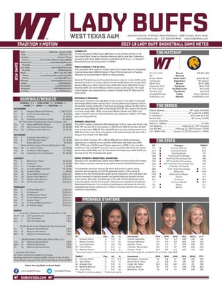 GOBUFFSGO.COM
LADY BUFFSAssistant Director of Athletic Media Relations / WBB Contact: Brent Seals
bseals@wtamu.edu | (O): 806-651-4442 | www.GoBuffsGo.com
2017-18 LADY BUFF BASKETBALL GAME NOTES
GAME#18
SCHEDULE/RESULTS
THE MATCHUP
THE SERIES
THE STATS
PROBABLE STARTERS
15-2 (7-2 LSC)
8th
Kristen Mattio
3rd Season
69-16 (.812)
Hightower (14.1)
M. Parker (6.6)
Gamble (3.9)
@LadyBuffHoops
GoBuffsGo.com
Record
Ranking
Head Coach
Experience
Record
Top Scorer
Top Rebounder
Top Assists
Twitter
Website
11-5 (8-1 LSC)
---
Jason Burton
4th Season
61-41 (.744)
Wise (17.3)
Price (7.4)
Davis (3.1)
@Lion_Athletics
LionAthletics.com
Overall (Streak):...................................................WT Leads 53-6 (W1)
In Canyon:......................................................... WT Leads 26-3 (W10)
In Commerce:........................................................WT Leads 26-3 (L1)
Neutral Site:............................................................ WT Leads 1-0 (W1)
Unknown Date/Site:................................................................................
Mattio vs. TAMUC:..................................................................... 5-1 (W1)
Last Meeting:........................................ February 23, 2017 (Canyon)
Last WT Win:............................February 23, 2017 (Canyon / 79-51)
Last TAMUC Win:...............January 21, 2017 (Commerce / 78-60)
WT
71.1
52.4
+18.7
.496
.338
.366
.263
5.5
.666
39.6
+10.8
18.9
18.5
-1.1
9.0
4.1
Category
Scoring Offense
Scoring Defense
Scoring Margin
Field Goal Percentage
Field Goal Percentage Def.
3PT Field Goal Percentage
3PT Field Goal Percentage Def.
3-Pointers Per Game
Free Throw Percentage
Rebounds
Rebounding Margin
Assists
Turnovers
Turnover Margin
Steals
Blocks
TAMUC
70.3
63.3
+7.0
.381
.380
.307
.287
5.3
.712
44.4
+7.4
12.1
18.4
+0.9
8.3
3.4
WT 		 Pos. 	 Ht. 	 Yr. 	 Hometown 	 PPG 	 RPG 	 APG 	 FG% 	 3FG% 	 FT%
2	 Deleyah Harris	 G	 5-9	 Jr.	 Omaha, Nebraska	 10.1	 5.0	 2.2	 .480	 .343	 .724
3	 Megan Gamble	 G	 5-7	 So.	 Omaha, Nebraska	 3.2	 2.4	 3.9	 .463	 .294	 .524
4	 Lexy Hightower	 G	 5-8	 So.	 Amarillo, Texas	 14.1	 2.2	 2.1	 .454	 .444	 .795
20	 Tiana Parker	 P	 6-5	 Jr.	 Chehalis, Washington	 6.6	 5.1	 1.8^	 .477	 .000	 .320
42	 Madison Parker	 F	 5-10	 Sr.	 Canyon, Texas	 10.5	 6.6	 2.0	 .653	 .278	 .655
^ blocks per game | check out WT’s broadcast notes on the final page for complete info on all the Lady Buffs
TAMUC	 Pos. 	 Ht. 	 Yr. 	 Hometown 	 PPG 	 RPG 	 APG 	 FG% 	 3FG% 	 FT%
12	 Princess Davis	 G	 5-7	 R-Jr.	 Shreveport, Louisiana	 11.1	 3.8	 3.1	 .381	 .250	 .705
21	 Alex Nance	 G	 5-9	 Fr.	 Round Rock, Texas	 2.1	 0.8	 1.4	 .281	 .316	 .455
24	 Artaejah Gay	 F	 5-11	 Sr.	 Cedar Hill, Texas	 14.2	 5.3	 0.8^	 .427	 .311	 .795
32	 Melanie Ransom	 G	 5-9	 Gr.	 Lansing, Illinois	 8.1	 5.7	 1.3	 .326	 .279	 .833
34	 Jenna Price	 F	 6-0	 So.	 Midlothian, Texas	 7.4	 7.4	 1.0	 .375	 .296	 .780
* - Based on previous game | ^ blocks per game
OVERALL: 15-2 | LONE STAR: 7-2 | STREAK: L1
HOME: 7-1 | AWAY: 7-1 | NEUTRAL: 1-0
NOVEMBER
Sat.	 4	 Wayland Baptist (Exhibition)		L, 68-73 (OT)
Fri.	 10	 at UC-Colorado Springs		 W, 61-34
Sat.	 11	 at Regis		 W, 58-53
Thu.	 16	 University of Science & Arts		 W, 60-49
WT Pak-A-Sak Thanksgiving Classic (Canyon, TX)
Thu.	 24	 Texas A&M-International		 W, 89-63
Fri. 	 25	 (RV) Colorado State-Pueblo		 W, 65-49
Thu.	 30	 at Western New Mexico *		 W, 57-43
DECEMBER
Sat.	 2	 at Eastern New Mexico *		 W, 61-44
Tue.	 5	 at UT Permian Basin *		 W, 75-48
Thu.	 7	 Texas Woman’s *		 W, 81-61
Viking Holiday Hoops Classic (Bellingham, WA)
Mon.	 18	 vs. Simon Frasier		 W, 78-59
Tue. 	 19	 at Western Washington		 W, 78-62
Fri.	 29	 University of the Southwest		 W, 118-56
JANUARY
Thu.	 4	 Midwestern State *		 W, 64-46
Sat. 	 6	 Cameron *		 W, 70-49
Thu. 	 11	 at Angelo State *		 L, 51-68
Sat.	 13	 at Texas A&M-Kingsville *		 W, 79-40
Thu. 	 18	 Tarleton State *		 L, 64-66
Sat. 	 20	 Texas A&M-Commerce *		 2:00 p.m.
Thu.	 25	 Eastern New Mexico *		 5:30 p.m.
Sat.	 27	 Western New Mexico *		 2:00 p.m.
Tue.	 30	 UT Permian Basin *		 5:30 p.m.
FEBRUARY
Sat.	 3	 at Texas Woman’s *		 2:00 p.m.
Thu.	 8	 at Cameron *		 5:30 p.m.
Sat.	 10	 at Midwestern State *		 2:00 p.m.
Thu.	 15	 Texas A&M-Kingsville *		 5:30 p.m.
Sat.	 17	 Angelo State *		 2:00 p.m.
Thu.	 22	 at Texas A&M-Commerce *		 5:30 p.m.
Sat.	 24	 at Tarleton State *		 2:00 p.m.
MARCH
Lone Star Conference Championship (Frisco, TX)
Th./Fr.	 1/2	 LSC Quarterfinals		 T.B.D.
Sat.	 3	 LSC Semifinals		 T.B.D.
Sun.	 4	 LSC Championship		 T.B.D.
NCAA South Central Regionals (Top Seed Host)
Fri.	 9	 Regional Quarterfinals		 T.B.D.
Sat.	 10	 Regional Semifinals		 T.B.D.
Mon.	 12	 Regional Championship		 T.B.D.
NCAA Division II Elite Eight (Sioux Falls, S.D.)
Tue.	 20	 National Quarterfinals		 T.B.D.
Wed.	 21	 National Semifinals		 T.B.D.
Fri.	 23	 National Championship		 T.B.D.
* - Denotes LSC Game
All Times Central and Subject to Change
Rankings Refelct the Newest NABC Division II Top-25 Poll
Home Games played at the First United Bank Center (FUBC)
WEST TEXAS A&M
COMING UP
The #8 Lady Buffs of West Texas A&M return to the friendly confines of the
First United Bank Center on Saturday afternoon with a Lone Star Conference
showdown with Texas A&M-Commerce with tipoff set for 2 p.m. in a Division II
Basketball Showcase broadcasted on ESPN3.
WBCA DIVISION II TOP-25 POLL
The Lady Buffs fell six spots to number eight in the newest Women’s Basketball
Coaches Association (WBCA) Division II Top-25 Poll announced on Tuesday
afternoon by the association’s offices in Luling, Georgia.
Ashland (17-0) picked up all 24 possible first place votes for a total of 600 points
followed by Indiana, Pa. (573), Lubbock Christian (538), Alaska Anchorage (507),
Bentley (480), Drury (457), Virginia Union (448), West Texas A&M (443), Carson-
Newman (429) and Central Missouri (357) to round out the top ten. The South
Central Region was represented by Lubbock Christian (3rd), WT (8th) and Fort
Lewis (23rd).
NATIONALLY SPEAKING
Entering the weekend, the Lady Buffs ranked second in the nation in field goal
percentage (49.6%) while ranking third in scoring defense (52.4/game), fourth in
rebounding margin (+10.8), fifth in field goal percentage defense (33.8%) ninth in
assists per game (18.9) and 10th in total assists (321). WT also ranks in the Top-20
in scoring margin (14th, +18.8). Junior guard Megan Gambe ranks 10th in the
nation in assist to turnover ratio (2.44) while Lexy Hightower is 20th in 3-PT field
goal percentage (44.4%).
WINNING TRADITION
The 2016-17 season marked the fifth-straight year of 20 or more wins for the Lady
Buffs. WT has won 30 or more games in 2013-14 and 2014-15 and have 30 wins
in six seasons since 1980-81. The Lady Buffs have not had a losing season since
1980-81 and have won 20 or more games in 28 seasons during that span with a
string of nine-straight from 1983-1992.
Since the 2012-13 season, WT is 136-31 (.818) with four NCAA postseason
appearances, a national runner-up finish (2014), three Elite Eight trips (2014,
2015, 2017) and an NCAA Sweet Sixteen appearance (2016). In the Lone Star
Conference, the Lady Buffs have been just as successful with three LSC regular
season titles (2014-2016), two LSC Tournament Championships (2014, 2015) and
four trips to the LSC Championship game.
ESPN3 DIVISION II BASKETBALL SHOWCASE
Saturday’s LSC doubleheader against Texas A&M-Commerce at the First United
Bank Center has been selected as part of the Division II Basketball Showcase.
The basketball showcase features 28 men’s and women’s games being
streamed live throughout the 2017-18 basketball season. There will be an
additional four flex doubleheaders (eight games total) which will be finalized later
and are expected to highlight premier and pivotal matchups towards the end
of the season. Saturday’s doubleheader is the sixth of 14 doubleheaders prior
to the flex games and it is the only LSC matchups to be included in the Division
II Basketball Showcase. The currently schedule games will feature 14 of the 24
basketball-sponsoring conferences in Division II and are selected from a pool of
conference nominations.
Date:...............................................Saturday, January 20th
Time:..................................................................2:00 p.m. CT
Location:........................................................Canyon, Texas
Venue:........................First United Bank Center (4,800)
Webstream:.....................................www.WatchESPN.com
Provider:......................................................................ESPN
Live Stats:......................................... www.GoBuffsGo.com
Provider:......................................................StatBroadcast
Radio:........................................................98.7 Lone Star FM
Talent:.........................Lucas Kinsey (@LucasKinseyWT)
Online:....................................................LoneStar987.com
Website:............................................ www.GoBuffsGo.com
Twitter:..............................................................@WTAthletics
Facebook:..................................................com/WTAthletics
Instagram:...............................................@WTAMUAthletics
YouTube:....................................................com/WTAthletics
Follow the Lady Buffs on Social Media
.com/LadyBuffHoops @LadyBuffHoops
 