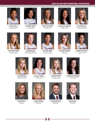 2019-20 LADY BUFF BASKETBALL GAME NOTES
#2 ASHA SCOTT
5-8 | Guard | Sophomore
Washington, D.C.
#3 MEGAN GAMBLE
5-7 | Guard | Senior
Omaha, Nebraska
#4 LEXY HIGHTOWER
5-8 | Guard | Senior
Amarillo, Texas
#5 McKAULEY GREGORY
5-9 | Guard | Freshman
Lubbock, Texas
#10 DELANEY NIX
5-8 | Guard | Sophomore
Tahlequah, Oklahoma
#11 NATHALIE LINDEN
5-10 | Guard | Senior
Stockholm, Sweden
#12 SIENNA LENZ
5-8 | Guard | Sophomore
Chilliwack, British Columbia
#20 TIANA PARKER
6-5 | Post | Senior
Chehalis, Washington
#21 DARIA COSGROVE
5-9 | Guard | Junior
Plano, Texas
#23 BRAYLYN DOLLAR
6-0 | Forward | Sophomore
Lubbock, Texas
#24 KLARA DOLK
5-11 | Guard | Freshman
Stockholm, Sweden
#30 ELLA FELKINS
6-2 | Forward | Sophomore
Spring, Texas
#34 ABBY SPURGIN
6-2 | Post | Junior
Fredericksburg, Texas
#40 MARY ROSE FOSTER
6-0 | Forward | Sophomore
Frisco, Texas
KRISTEN MATTIO
Head Coach
Fifth Season
CAMILLE PERKINS
Associate Head Coach
Sixth Season
KRISTIAN BRANSON
Assistant Coach
Third Season
WADE WHALEY
Student Coach
Third Season
 