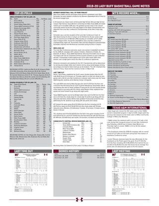 2019-20 LADY BUFF BASKETBALL GAME NOTES
TOP-25 POLLS WT’S RECORD WHEN...
At Home.......................................................................................... 9-0
On the Road.....................................................................................6-1
On a Neutral Court....................................................................... 2-2
GAME SITUATIONS
Leading or tied at Half................................................................15-0
Trailing at Half.................................................................................2-3
Leading with 5:00 left (regulation)..........................................16-0
Trailing or Tied with 5:00 left......................................................1-3
In Overtime Games...................................................................... 0-0
SCORING
WT scores less than 60 points...................................................4-3
WT scores between 60-69.........................................................7-0
WT scores between 70-79..........................................................7-0
WT scores between 80-89........................................................ 0-0
WT scores between 90-99......................................................... 1-0
WT scores 100+ points................................................................ 0-0
Opponent scores less than 60................................................16-0
Opponent scores between 60-69..............................................1-1
Opponent scores between 70-79............................................ 0-2
Opponent scores between 80-89........................................... 0-0
Opponent scores between 90-99........................................... 0-0
Opponent scores 100+................................................................ 0-0
Games decided by 3 points or less......................................... 2-0
Games decided by 4-9 points................................................... 2-0
Games decided by 10-19 points..................................................3-1
Games decided by 20 or more points...................................10-2
DAYS OF THE WEEK
On Monday.................................................................................... 0-0
On Tuesday.................................................................................... 0-0
On Wednesday............................................................................. 0-0
On Thursday....................................................................................5-1
On Friday..........................................................................................2-1
On Saturday.....................................................................................9-1
On Sunday...................................................................................... 1-0
In November...................................................................................7-2
In December....................................................................................4-1
In January....................................................................................... 6-0
In February..................................................................................... 0-0
In March.......................................................................................... 0-0
vs. Ranked Opponents...................................................................1-1
vs. South Central Regional Opponents..................................14-1
.............................................................(Lone Star, Rocky Mountain)
vs. D-II Non-Regional Opponents............................................. 2-2
vs. Non-DII Opponents................................................................. 1-0
WBCA DIVISION II TOP 25 (JAN. 21)
No. 	 Team 	 Pts. 	 1st Place 	 Last
1	 Drury (16-0)	 573	 21	 1
2	 Ashland (17-0)	 554	 2	 3
3	 Grand Valley State (16-1)	 513	 0	 4
4	 Texas A&M-Commerce (17-0)	 506	 0	 6
5	 Alaska Anchorage (18-1)	 461	 0	 7
6	 Indiana (PA) (16-1)	 447	 0	 8
7	 Lee (TN) (17-1)	 430	 0	 9
8	 Hawaii Pacific (16-1)	 385	 0	 11
9	 Lubbock Christian (14-2)	 374	 0	 2
10	 Fort Hays State (15-2)	 358	 0	 13
11	 Sioux Falls (17-2)	 322	 0	 14
12	 Virginia Union (13-2)	 291	 0	 5
13	 Anderson (SC) (14-2)	 266	 0	 16
14	 North Georgia (14-2)	 250	 0	 10
15	 Westminster (UT) (15-2)	 249	 0	 17
16	 Southeastern Oklahoma St. (12-2) 239	 0	 18
17	 Benedict (15-2)	 160	 0	 21
18	 Azusa Pacific (14-3)	 144	 0	 19
19	 Walsh (16-2)	 140	 0	 23
20	 Adelphi (16-2)	 130	 0	 12
21	 West Texas A&M (16-3)	 125	 0	 25
22	 Colorado Mesa (15-2)	 83	 0	 NR
23	 Catawba (14-2)	 51	 0	 NR
24	 Notre Dame (OH) (15-1)	 42	 0	 NR
25	 Tampa (12-3)	 41	 0	 NR
RECEIVING VOTES: California (PA) (13-4) 40; Emporia State
(12-4) 38; University of the Sciences (15-3) 34; Central
Missouri (13-3) 29; Bowie State (15-2) 22; Delta State (14-2)
19; Central Oklahoma (14-3) 17; St. Thomas Aquinas (14-3) 17;
Cal State San Marcos (14-3) 15; Lander (12-3) 13; Bentley (13-
4) 6; Belmont Abbey (15-2) 4; Lincoln (PA) (16-3) 2.
D2SIDA DIVISION II TOP-25 (JAN. 21)
No. 	 Team (First Place)	 Ovr. 	 Points	 Prev.
1	 Drury (16)	 16-0	 400	 2
2	Ashland	 17-0	 380	 3
3	 Texas A&M-Commerce	 17-0	 367	 4
4	 Alaska Anchorage	 18-1	 349	 6
5	Lee	 17-1	 327	 7
6	 Grand Valley	 16-1	 316	 8
7	 Hawaii Pacific	 15-1	 300	 11
8	 Sioux Falls	 17-2	 276	 12
9	IUP	 16-1	 267	 14
10	Catawba	 14-1	 261	 13
11	 Colorado Mesa	 15-2	 223	 18
12	Adelphi	 16-2	 221	 5
13	Walsh	 16-2	 168	 20
14	 North Georgia	 14-2	 161	 10
15	 Delta State	 14-2	 146	 15
16	 Azusa Pacific 	 14-3	 144	 23
17	 Notre Dame	 15-1	 129	 NR
18	 West Texas A&M	 16-3	 128	 RV
19	 Southeastern Okla.	 12-2	 110	 RV
20	Bentley	 13-4	 106	 19
21	 Lubbock Christian	 14-2	 95	 1
22	 Kentucky Wesleyan	 18-1	 74	 25
23	 Virginia Union	 13-2	 59	 9
24	USciences	 15-3	 57	 24
25	 Belmont Abbey	 15-2	 39	 RV
RECEIVING VOTES: UC San Diego (21), Tampa (20), Central
Missouri (15), Westminster (14), Anderson (11), Cal State San
Marcos (4), Union (2)
LAST TIME OUT
TEXAS A&M INTERNATIONAL
WOMEN’S BASKETBALL HALL OF FAME FINALIST
West Texas A&M’s all-time winningest head women’s basketball coach Bob
Schneider has been tabbed a finalist for the Women’s Basketball Hall of Fame for
the second straight year.
In 43 seasons as a head coach at Darrouzett High School, McLean High School,
Canyon High School, Texas Woman’s University and West Texas A&M, Schneider
racked up an incredible 1,045 wins. His greatest success came in the Canyon
community where he led the CHS Lady Eagles to five State Championships and
delivered nine Lone Star Conference Championships at the helm of the Lady
Buffs.
Schneider was a six-time recipient of the Lone Star Conference Coach of
Year Award during his time in Canyon as he finished his 25-year career at WT
with an overall record of 585-163 (.784) including an incredible 237-47 (.836)
mark in league action. He led the Lady Buffs to nine Lone Star Conference
Championships, eight LSC Tournament Titles and three Regional Championships.
Schneider coached nine All-American honorees during his time in Canyon.
NEW LOOK LSC
The Lone Star Conference welcomes seven new women’s basketball members
for the 2019-20 campaign with Lubbock Christian, Oklahoma Christian, St.
Edward’s, St. Mary’s, Texas A&M International, Arkansas-Fort Smith and UT Tyler.
The league will now be comprised of three six-team divisions as each institution
will play a home/away contest against each of the other teams within their
division, and a single game versus the other 12 conference opponents.
Divisional champions and seeding for the LSC Championship will be determined
by winning percentage within each division and by using overall league winning
percentage and head-to-head matchups as tie-breakers. The LSC Championship
returns to Frisco, Texas and the Comerica Center on March 5-8.
LAST TIME OUT
Senior Tiana Parker registered her fourth career double-double while the #21
Lady Buffs forced 25 turnovers on Thursday night to run their win streak to nine
games with a 56-32 Lone Star Conference crossover road victory over the Texas
A&M-Kingsville Javelinas at the Steinke Center in Kingsville.
The Lady Buffs were led by Abby Spurgin who went 5-of-9 from the floor and
2-of-4 from the free throw line to score 12 points followed by Tiana Parker with 11
and Delaney Nix with 10, Parker grabbed 11 rebounds for her third double-double
of the season to go along with four blocks while Braylyn Dollar registered four
assists and seven boards to go along with eight points.
Texas A&M-Kingsville was led by Bridget Upton who went 5-of-16 from the floor
and 2-of-5 from the charity stripe for a team-high 12 points to go along with two
rebounds and three assists, Bri’Ana Soliz grabbed 11 rebounds to lead the way
defensively for the Javelinas to go along with two points and a block.
WT finished the game going 18-of-53 (34%) from the floor including 4-of-15
(26.7%) from deep and 16-of-26 (61.5%) from the charity stripe with 34 total
rebounds (nine offensive, 25 defensive), 11 assists, 13 turnovers, 15 steals and six
blocks in the win.
The Javelinas went 14-of-53 (26.4%) from the field in the game including 0-of-11
from behind the arc and 4-of-7 (57.1%) from the free throw line with 36 rebounds
(10 offensive, 26 defensive), two assists, 25 turnovers, six steals and five blocks.
D2SIDA SOUTH CENTRAL REGION RANKINGS (JAN. 20)
#	 School (1st)		 Rec.	 Pts.	 Last
1	 Texas A&M-Commerce (6)	 17-0	 60	 2
2	 Colorado Mesa	 15-2	 50	 3
3	 West Texas A&M	 16-3	 48	 4
4	 Lubbock Christian	 14-2	 45	 1
5	 Westminster		 15-2	 37	 5
6	 Eastern New Mexico	 11-5	 19	 8
7	 Western Colorado	 11-4	 18	 RV
8t	 Angelo State		 9-5	 14	 6t
8t	 Tarleton State		 12-5	 14	 6t
10	 Dixie State		 12-5	 9	 10
Receiving Votes: St. Edward’s 8, Fort Lewis 7, St. Mary’s (Texas) 1
• Nate Vogel was named the fifth head coach of the TAMIU
women’s basketball program in April of 2019. Vogel spent the
previous two seasons as the head coach at Miles Community
College in Miles City, Montana.
• TAMIU enters the weekend with a record of 7-11 with a 4-8
mark during their inaugural season of Lone Star Conference
play following a 68-60 loss to Eastern New Mexico on
Thursday night in Laredo. TAMIU is 3-3 so far this season
inside of the KCB.
• The Dustdevils ended the 2018-19 campaign with an overall
record of 0-27 with an 0-14 mark during their final season of
Heartland Conference action.
• Junior Patrycja Jaworska leads the way offensively for the
Dustdevils as the Polish guard has gone 74-of-171 (43.3%)
from the floor including 29-of-98 (29.6%) from behind the arc
and 60-of-76 (78.9%) from the free throw line to average 13.2
points and 2.9 rebounds per game so far this season.
SERIES HISTORY
Date	 Location	Score
November 28, 2016	 Canyon	 WT, 90-57
November 24, 2017	 Canyon	 WT, 89-63
Official Basketball Box Score -- Game Totals -- Final Statistics
West Texas A&M vs Tex. A&M-Kingsville
01/23/20 5:30 pm at Kingsville, TX
West Texas A&M 56 • 17-3,10-1 Lone S
Total 3-Ptr Rebounds
## Player FG-FGA FG-FGA FT-FTA Off Def Tot PF TP A TO Blk Stl Min
20 Tiana Parker f 4-11 0-0 3-3 4 7 11 2 11 0 2 4 1 24
34 Abby Spurgin c 5-9 0-0 2-4 0 2 2 3 12 2 1 1 1 21
03 Megan Gamble g 0-4 0-1 2-2 2 2 4 1 2 2 1 0 3 31
10 Delaney Nix g 4-9 2-4 0-0 0 1 1 1 10 1 2 0 4 25
12 Sienna Lenz g 2-7 1-4 4-6 0 5 5 0 9 1 2 0 2 27
02 Asha Scott 0-0 0-0 1-2 0 0 0 0 1 0 0 0 0 2
11 Nathalie Linden 1-5 1-3 0-2 1 1 2 0 3 1 0 0 1 21
21 Daria Cosgrove 0-3 0-2 0-0 1 0 1 2 0 0 3 0 1 15
23 Braylyn Dollar 2-5 0-1 4-7 1 6 7 1 8 4 2 1 2 29
40 Mary Rose Foster 0-0 0-0 0-0 0 1 1 0 0 0 0 0 0 5
Team 0 0 0
Totals 18-53 4-15 16-26 9 25 34 10 56 11 13 6 15 200
1st - FG %: 4-16 25.0%
3FG %: 1-3 33.3%
FT %: 2-4 50.0%
2nd: 2-10 20.0%
1-4 25.0%
3-4 75.0%
3rd: 7-13 53.8%
1-3 33.3%
3-6 50.0%
4th: 5-14 35.7%
1-5 20.0%
8-12 66.7%
Game: 18-53 34.0%
4-15 26.7%
16-26 61.5%
Deadball
Rebounds
8,1
Tex. A&M-Kingsville 32 • 3-11,2-10 Lone S
Total 3-Ptr Rebounds
## Player FG-FGA FG-FGA FT-FTA Off Def Tot PF TP A TO Blk Stl Min
23 Anastacia Mickens f 3-11 0-0 0-0 3 6 9 5 6 0 0 1 1 26
32 Bri-Anna Soliz f 1-6 0-0 0-0 4 7 11 3 2 0 3 1 0 31
04 Bridget Upton g 5-16 0-6 2-5 0 2 2 1 12 1 2 0 3 35
10 Treazure Mouton g 1-3 0-1 0-0 1 2 3 4 2 1 4 1 1 35
21 Jalynn Johnson g 4-10 0-1 0-0 1 3 4 3 8 0 6 1 0 29
01 Daisah Purnell 0-5 0-3 0-0 1 3 4 0 0 0 1 0 0 14
05 Madison Lucas 0-0 0-0 0-0 0 0 0 1 0 0 5 0 0 5
11 Angelica Wall 0-1 0-0 0-0 0 0 0 3 0 0 3 1 0 7
44 Maeghan Palmer 0-1 0-0 2-2 0 3 3 1 2 0 0 0 1 18
Team 0 0 0 1
Totals 14-53 0-11 4-7 10 26 36 21 32 2 25 5 6 200
1st - FG %: 3-17 17.6%
3FG %: 0-4 0.0%
FT %: 0-0 0.0%
2nd: 3-11 27.3%
0-5 0.0%
0-0 0.0%
3rd: 3-11 27.3%
0-1 0.0%
3-6 50.0%
4th: 5-14 35.7%
0-1 0.0%
1-1 100.0%
Game: 14-53 26.4%
0-11 0.0%
4-7 57.1%
Deadball
Rebounds
6,2
Officials:
Technical fouls: West Texas A&M-None. Tex. A&M-Kingsville-Anastacia Mickens.
Attendance: 496
2019-20 Women's Basketball. Round: 0. Tex. A&M-Kingsville vs West Tex. A&M. Pl
Score by periods 1st 2nd 3rd 4th Total
West Texas A&M 11 8 18 19 56
Tex. A&M-Kingsville 6 6 9 11 32
LAST MEETING
Official Basketball Box Score -- Game Totals -- Final Statistics
Texas A&M-Int'l vs West Texas A&M
11/24/17 2:30 p.m. at Canyon, Texas (First United Bank Center)
Texas A&M-Int'l 63 • 0-6
Total 3-Ptr Rebounds
## Player FG-FGA FG-FGA FT-FTA Off Def Tot PF TP A TO Blk Stl Min
01 Tantashea Giger * 6-13 0-3 1-2 0 7 7 5 13 4 8 1 1 29
02 Dannia Gonzalez * 2-5 0-0 0-0 1 2 3 0 4 2 0 0 0 18
05 Passionate Amukamara * 2-8 0-3 4-4 0 0 0 2 8 3 3 0 0 34
11 Julia Hanni * 3-6 0-0 3-6 6 0 6 1 9 1 0 0 0 27
21 Ashley Perez * 0-2 0-1 0-0 0 1 1 1 0 4 2 0 2 28
04 Renee Contreras 2-7 2-2 0-0 0 1 1 0 6 0 1 0 1 14
12 LaShae Rolle 3-6 0-0 0-0 1 6 7 3 6 0 0 0 0 16
30 Jaden Gonzales 6-12 5-7 0-0 1 0 1 1 17 1 3 1 2 30
32 Vanessa Oyola 0-1 0-1 0-0 0 0 0 1 0 0 1 0 0 4
Team 2 2 4 1
Totals 24-60 7-17 8-12 11 19 30 15 63 15 18 2 6 200
1st - FG %: 5-17 29.4%
3FG %: 1-2 50.0%
FT %: 2-4 50.0%
2nd: 4-18 22.2%
1-7 14.3%
4-4 100.0%
3rd: 10-12 83.3%
3-4 75.0%
0-0 0.0%
4th: 5-13 38.5%
2-4 50.0%
2-4 50.0%
Game: 24-60 40.0%
7-17 41.2%
8-12 66.7%
Deadball
Rebounds
2
West Texas A&M 89 • 4-0
Total 3-Ptr Rebounds
## Player FG-FGA FG-FGA FT-FTA Off Def Tot PF TP A TO Blk Stl Min
02 HARRIS, Deleyah * 2-5 2-4 2-4 0 2 2 3 8 2 1 0 0 9
03 GAMBLE, Megan * 1-6 1-4 0-2 0 1 1 2 3 5 2 0 1 20
04 HIGHTOWER, Lexy * 0-0 0-0 1-2 0 2 2 2 1 3 5 0 3 26
20 PARKER, Tiana * 5-11 0-0 0-0 2 6 8 0 10 3 0 1 2 22
42 PARKER, Madison * 9-9 1-1 0-0 4 3 7 1 19 3 1 0 0 27
10 WALTON, Sydney 3-3 3-3 0-0 0 1 1 1 9 3 3 0 0 13
12 QUISENBERRY, Baylee 0-0 0-0 0-0 0 1 1 0 0 0 0 0 0 3
15 SWOOPES, Zada 7-10 3-5 0-0 0 3 3 1 17 5 1 0 3 23
21 COSGROVE, Daria 0-1 0-1 0-0 0 1 1 0 0 2 1 0 0 11
24 HAYNES, Reagan 3-6 1-3 0-0 1 1 2 0 7 4 1 0 0 17
30 WOOTEN, CeCe 2-4 0-0 2-2 3 2 5 3 6 0 2 0 0 13
34 SPURGIN, Abby 2-3 0-0 1-2 1 2 3 0 5 0 0 0 0 4
41 TAYLOR, Tyesha 2-7 0-0 0-2 1 1 2 0 4 0 0 4 1 12
Team 2 1 3
Totals 36-65 11-21 6-14 14 27 41 13 89 30 17 5 10 200
1st - FG %: 10-14 71.4%
3FG %: 5-5 100.0%
FT %: 0-0 0.0%
2nd: 7-17 41.2%
1-6 16.7%
0-2 0.0%
3rd: 11-21 52.4%
3-6 50.0%
0-0 0.0%
4th: 8-13 61.5%
2-4 50.0%
6-12 50.0%
Game: 36-65 55.4%
11-21 52.4%
6-14 42.9%
Deadball
Rebounds
4
Officials: Kerrian Chambers, Destry Dacus, Tanesha Wilkins
Technical fouls: Texas A&M-Int'l-TEAM. West Texas A&M-None.
Attendance: 458
Second game of PAK-A-SAK Thanksgiving Classic
WT ranked #5 in latest WBCA Top 25
Score by periods 1st 2nd 3rd 4th Total
Texas A&M-Int'l 13 13 23 14 63
West Texas A&M 25 15 25 24 89
 