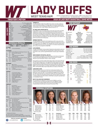 LADY BUFFSDirector of Digital Media & Creative Content / WBB Contact: Brent Seals
bseals@wtamu.edu | (O): 806-651-4442 | www.GoBuffsGo.com
2018-19 LADY BUFF BASKETBALL GAME NOTES
GAME#19
SCHEDULE/RESULTS
THE MATCHUP
THE SERIES
THE STATS
PROBABLE STARTERS
16-2 (8-2 LSC)
14th
Kristen Mattio
4th Season
99-21 (.825)
Taylor (16.2)
Harris (7.5)
Gamble (6.5)
@LadyBuffHoops
GoBuffsGo.com
Record
WBCA Ranking
Head Coach
Experience
Record
Top Scorer
Top Rebounder
Top Assists
Twitter
Website
6-11 (3-7 LSC)
NR
Noel Johnson
11th Season
145-149 (.493)
Reynolds (11.3)
Alexander (6.5)
Schneider (4.0)
@MSUMustangs
MSUMustangs.com
Overall (Streak):.................................................WT Leads 51-14 (W11)
In Canyon:...........................................................WT Leads 28-4 (W6)
In Wichita Falls:..................................................WT Leads 20-8 (W3)
Neutral Site:...........................................................WT Leads 4-2 (W4)
Unknown Date/Site:................................................................................
Mattio vs. MSU:........................................................................9-0 (W9)
Last Meeting:.........................................December 1, 2018 (Canyon)
Last WT Win:...........................December 1, 2018 (Canyon / 73-59)
Last MSU Win:....................January 7, 2015 (Wichita Falls / 77-64)
WT
75.9
61.6
+14.3
.501
.380
.375
.370
7.4
.646
34.1
+2.7
17.8
14.9
+1.1
7.9
4.1
Category
Scoring Offense
Scoring Defense
Scoring Margin
Field Goal Percentage
Field Goal Percentage Def.
3PT Field Goal Percentage
3PT Field Goal Percentage Def.
3-Pointers Per Game
Free Throw Percentage
Rebounds
Rebounding Margin
Assists
Turnovers
Turnover Margin
Steals
Blocks
MSU
70.2
63.9
+6.3
.410
.368
.251
.311
4.5
.683
40.0
+2.9
15.5
16.0
+2.1
8.5
5.5
WT 		 Pos. 	 Ht. 	 Yr. 	 Hometown 	 PPG 	 RPG 	 APG 	 FG% 	 3FG% 	 FT%
2	 Deleyah Harris	 G	 5-9	 Sr.	 Omaha, Nebraska	 9.6	 7.5	 2.2	 .474	 .432	 .701
3	 Megan Gamble	 G	 5-7	 Jr.	 Omaha, Nebraska	 8.1	 2.6	 6.5	 .500	 .214	 .902
4	 Lexy Hightower	 G	 5-8	 So.	 Amarillo, Texas	 14.9	 2.8	 1.9	 .505	 .433	 .759	
11	 Nathalie Linden	 G	 5-10	 Jr.	 Stockholm, Sweden	 4.1	 2.2	 1.9	 .392	 .250	 .600
41	 Tyesha Taylor	 P	 6-5	 Sr.	 Temple, Texas	 16.2	 5.5	 1.7^	 .679	 .000	 .508
^ blocks per game
MSU	 Pos. 	 Ht. 	 Yr. 	 Hometown 	 PPG 	 RPG 	 APG 	 FG% 	 3FG% 	 FT%
2	 Chelcie Kizart	 G	 5-6	 Sr.	 St. Paul, Minnesota	 10.4	 4.5	 3.1	 .431	 .366	 .696
4	 Mica Schneider	 G	 5-9	 Jr.	 Boerne, Texas	 8.5	 3.0	 4.0	 .340	 .211	 .744
11	 Hannah Reynolds	 C	 6-4	 So.	 Prosper, Texas	 11.3	 6.4	 2.6^	 .443	 .150	 .563
14	 Kityana Diaz	 F	 5-10	 So.	 Amarillo, Texas	 9.2	 3.6	 1.3	 .475	 .273	 .706
43	 Liz Cathart	 F	 6-0	 Jr.	 Spring Branch, Texas	 8.9	 4.0	 1.1	 .430	 .063	 .821
^ blocks per game
OVERALL: 16-2 | LONE STAR: 8-2 | STREAK: W2
HOME: 8-1 | AWAY: 6-1 | NEUTRAL: 2-0
OCTOBER
Sun.	 28	 at Texas (Exhibition)		 L, 63-91
NOVEMBER
South Central Regional Challenge (Canyon, TX)
Fri.	 9	 UC-Colorado Springs		 W, 84-51
Sat.	 10	 Regis		 W, 80-53
Fri.	 16	 at Colorado School of Mines		 W, 84-73
Sat.	 17	 at MSU Denver		 W, 66-63
WT Pak-A-Sak Thanksgiving Classic (Canyon, TX)
Fri.	 23	 New Mexico Highlands		 W, 100-59
Sat.	 24	 Colorado State-Pueblo		 W, 91-70
Thu.	 29	 Cameron *		 W, 74-67
DECEMBER
Sat.	 1	 MSU Texas *		 W, 73-59
Thu.	 6	 Science & Arts (Exhibition)		 W, 71-42
Cruzin’ Classic (Fort Lauderdale, FL)
Mon.	 17	 vs. Barry		 W, 70-64
Tue.	 18	 vs. Palm Beach Atlantic		 W, 68-56
JANUARY
Thu.	 3	 at UT Permian Basin *		 W, 69-33
Sat.	 5	 at Western New Mexico *		 W, 64-49
Thu.	 10	 at Texas A&M-Kingsville *		 L, 84-86
Sat.	 12	 at #18 Angelo State *		 W, 61-59
Thu.	 17	 Texas A&M-Commerce *		 W, 81-70
Sat.	 19	 Tarleton *		 L, 65-72
Tue.	 22	 at Eastern New Mexico *		 W, 72-61
Sat.	 26	 Texas Woman’s *		 W, 80-63
Thu.	 31	 at MSU Texas *		 5:30 p.m.
FEBRUARY
Sat.	 2	 at Cameron *		 2:00 p.m.
Thu.	 7	 Western New Mexico *		 5:30 p.m.
Sat.	 9	 UT Permian Basin *		 2:00 p.m.
Thu.	 14	 #20 Angelo State *		 5:30 p.m.
Sat.	 16	 Texas A&M-Kingsville *		 2:00 p.m.
Thu.	 21	 at Tarleton *		 5:30 p.m.
Sat.	 23	 at Texas A&M-Commerce *		 2:00 p.m.
Tue.	 26	 Eastern New Mexico *		 5:30 p.m.
Thu.	 28	 at Texas Woman’s *		 7:00 p.m.
MARCH
Lone Star Conference Championship (Frisco, TX)
We/Th	 6/7	 LSC Quarterfinals		 T.B.D.
Fr/Sa	 8/9	 LSC Semifinals		 T.B.D.
Sun.	 10	 LSC Championship		 T.B.D.
NCAA South Central Regionals (Top Seed Host)
Fri.	 15	 Regional Quarterfinals		 T.B.D.
Sat.	 16	 Regional Semifinals		 T.B.D.
Mon.	 18	 Regional Championship		 T.B.D.
NCAA Division II Elite Eight (Pittsburgh, PA)
Tue.	 26	 National Quarterfinals		 T.B.D.
Wed.	 27	 National Semifinals		 T.B.D.
Fri.	 29	 National Championship		 T.B.D.
* - Denotes LSC Game
All Times Central and Subject to Change
Rankings Refelct the Newest NABC Division II Top-25 Poll
Home Games played at the First United Bank Center (FUBC)
WEST TEXAS A&M
OPENING TIP
The #14 Lady Buffs of West Texas A&M hit the road for Lone Star Conference
action this weekend starting on Thursday night as they travel to Wichita Falls,
Texas to take on the rival Mustangs of MSU Texas in a Highway 287 Challenge
Cup showdown at D.L. Ligon Coliseum starting at 5:30 p.m. CT.
WT HEAD COACH KRISTEN MATTIO
Kristen Mattio is now in her fourth season as the head coach of the Lady Buffs,
registering an overall record of 99-21 (.825) with three NCAA Tournament
appearances including a spot in the Regional Finals each of the three seasons
and a South Central Regional Championship in 2016-17. Mattio looks to become
the third head coach in program history to reach 100 victories while becoming
the second fastest to the milestone in her 121st career game on the sideline to sit
behind only Krista Gerlich (118 Games).
WINNING TRADITION
The 2017-18 season marked the sixth-straight year of 20 or more wins for the
Lady Buffs. WT has won 30 or more games in 2013-14 and 2014-15 and have 30
wins in six seasons since 1980-81. The Lady Buffs have not had a losing season
since 1980-81 and have won 20 or more games in 27 seasons during that span
with a string of nine-straight from 1983-1992.
LIVE COVERAGE
The MSU Texas Athletic Communications Department will provide live stats and
a webstream of Thursday night’s LSC doubleheader in Wichita Falls. For more
information or links, visit the Lady Buff Basketball schedule page at GoBuffsGo.
com.
WBCA DIVISION II TOP-25 POLL (JAN. 29)
The Lady Buffs remained 4th in the newest edition of the Women’s Basketball
Coaches Association (WBCA) Division II Top-25 announced on Tuesday
afternoon by the association’s offices in Lilburn, Georgia.
Drury picked up 23 of the possible 24 first place votes to move atop of the poll
with 599 points followed by UC San Diego (555), Ashland (one first place, 521),
Thomas Jefferson (501), Indiana, Pa. (462), Fort Hays State (460), Union (449),
Northwest Nazarene (404), University of the Sciences (402) and California, Pa.
(386) to round out the top ten. The South Central Region was represented by WT
(14th), Colorado Mesa (19th), Angelo State (20th) and Lubbock Christian (RV).
HOME SWEET HOME
West Texas A&M is home to one of the finest multi-purpose facilities in the
country as the First United Bank Center has served as the home of the Lady
Buffs since January 26, 2002. The Lady Buffs are a staggering 211-31 inside of
the FUBC during that time for a winning clip of 87.4%. WT has averaged 1.073
fans per contest since the facility opened its doors with the largest crowd coming
on Opening Night with 4,941 members of Buff Nation seeing the Lady Buffs take
on rival Abilene Christian.
BEST IN THE LONE STAR CONFERENCE
The Lady Buffs have registered an overall record of 389-81 in Lone Star
Conference action since joining the league prior to the 1986-87 campaign
for a winning percentage of 82.9%. WT has won 16 LSC Regular Season
Championships during that span including 14 Tournament Titles.
Date:................................................Thursday, January 31st
Time:.................................................................. 5:30 p.m. CT
Location:...............................................Wichita Falls, Texas
Venue:.................................D.L. Ligon Coliseum (3,640)
Webstream:................................www.MSUMustangs.com
Provider:...................................................................Stretch
Live Stats:...................................www.MSUMustangs.com
Provider:......................................................StatBroadcast
Radio:........................................................Lone Star 98.7 FM
Talent:.........................Lucas Kinsey (@LucasKinseyWT)
Online:......................................... www.LoneStar987.com
Website:............................................ www.GoBuffsGo.com
Twitter:..............................................................@WTAthletics
Facebook:..................................................com/WTAthletics
Instagram:...............................................@WTAMUAthletics
YouTube:....................................................com/WTAthletics
Follow the Lady Buffs on Social Media
.com/LadyBuffHoops @LadyBuffHoops
 