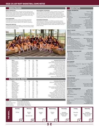 2018-19 LADY BUFF BASKETBALL GAME NOTES
QUICK FACTS
GENERAL INFORMATION
Location......................................................................Canyon, Texas
Founded........................................................................................ 1910
Enrollment........................................................ 10,169 (Spring 2018)
Colors...................................................................Maroon and White
Nickname...........................................................................Lady Buffs
Home Facility............................First United Bank Center (FUBC)
Capacity................................................................................... 4,800
Opened..............................................................January 26, 2002
Conference.................................................. Lone Star Conference
Affiliation..................................................................NCAA Division II
President.........................................................Dr. Walter V. Wendler
Director of Intercollegiate Athletics.............. Michael McBroom
Senior Woman’s Administrator..................... Stephanie Sumpter
Faculty Athletics Representative.......................Dr. Dave Rausch
Athletics Department Phone................................(806) 651-4400
FACILITY HISTORY
Opened.................................................................January 26, 2002
Capacity...................................................................................... 4,800
Home Record (Since 1/26/02)..................................203-30 (.871)
Undefeated Seasons at the FUBC (Last)....................4 (2013-14)
HISTORY
Start of Modern Statistical Era................. 1980-81 (39th season)
All-Time Record........................................................902-255 (.779)
All-Time Home Record..............................................488-68 (.878)
All-Time Road/Neutral Record.................................418-187 (.691)
NCAA Postseason Appearances................................................24
Last NCAA Postseason Appearance................................ 2017-18
.................(Lost to Lubbock Christian (56-53) - Regional Finals)
LSC Division/Regular Season Titles (Last)................17 (2018-19)
LSC Tournament Appearances.....................................................31
LSC Tournament Championships (Last).................... 14 (2017-18)
BASKETBALL COACHING STAFF
Head Coach.................................................................Kristen Mattio
Alma Mater............................................................Evangel (2003)
Record at WT...................................................83-19 (4th Season)
Winning Percentage at WT..................................................81.4%
Career Record.................................................83-19 (4th Season)
Associate Head Coach......................................... Camille Perkins
Assistant Coach.....................................................Kristian Branson
2017-18 REVIEW
Overall Record.............................................................................29-5
.......................................Home: 11-3 | Away: 12-2 | Neutral: 6-0
LSC Record (Finish)..............................................................16-4 (1st)
Conference Tournament...................................... LSC Champions
....................................................................vs. MSU Texas, W 70-49
..............................................vs. Texas A&M-Commerce, W 68-55
......................................................................... vs. Tarleton, W 80-66
Postseason.....................................South Central Regional Finals
....................................................vs. Arkansas-Fort Smith, W 81-66
...................................................................vs. Metro State, W 70-60
.......................................................... at Lubbock Christian, L 53-53
Final WBCA Ranking....................................................................17th
2018-19 PREVIEW
Letterwinners Returning/Lost.....................................................8/5
Starters Returning/Lost................................................................ 3/2
Returning Redshirts...........................................................................0
Newcomers.........................................................................................6
Returning Minutes.....................................65.4% (4,464 of 6,825)
Returning Points............................................66.8% (1,611 of 2,410)
Returning Rebounds..................................... 53.9% (732 of 1,359)
ATHLETIC COMMUNICATIONS
Assistant Director/WBB Contact.................................Brent Seals
Cell Phone............................................................(806) 674-7050
Office Phone.........................................................(806) 651-4442
Email................................................................bseals@wtamu.edu
Office Mailing Address..................................WTAMU Box 60049
...............................................................................Canyon, TX 79016
Office Address..............................2620 Russell Long Boulevard
......................................................................... Canyon, Texas 79015
...............................Virgil Henson Activities Center (Room 218A)
Athletics Website......................................... www.GoBuffsGo.com
Twitter.....................................................................@LadyBuffHoops
Facebook................................................................./LadyBuffHoops
Instagram........................................................@LadyBuffBasketball
Sunday Monday Tuesday Wednesday Thursday Friday Saturday
THISWEEK...
6 31 1 2 3 4 5
Off Day Practice
T.B.D.
New Year’s Eve
Practice
T.B.D.
Practice
T.B.D.
GameDay
UT Permian Basin
Odessa, Texas
W, 69-33
Travel Day
Practice
T.B.D.
GameDay
Western New Mexico
Silver City, N.M.
3:00 p.m. CT
MEDIA POLICIES
MEDIA CREDENTIALS
Requests for working media credentials must be made through
the WT Athletic Communications Office. The Amarillo Globe-News
and The Canyon News receive reserved seating on press row. The
Buffalo Sports Network and the recognized visiting radio station
will be provided a broadcast location.
PHOTOGRAPHERS
All photographers covering a game must display appropriate
credentials at all times and are expected to comply with any
instructions given by game officials or WT Athletics employees.
PRESS ROW SERVICES
Complete team and individual statistics, scoring summaries, and play-
by-play will be provided by the WT Athletic Communications Office
immediately following the game.
NON-GAMEDAY INTERVIEWS
Coach Mattio and select players will be available during a weekly
interview session set up by the WT Athletic Communications
Office at a time and place to be determined. Interviews may also
be conducted prior to practice if prior arrangements are made. To
arrange all non-game day interviews, please contact the WT Athletic
Communications Office at least 24 hours prior to desired time.
POSTGAME INTERVIEWS
Following all home games, Coach Mattio and selected players
will be available for interviews, please notify Brent Seals of any
interview requests during the final minutes or immediately following
the game. For road games, please contact Brent Seals to set up a
phone interview.
NUMERICAL ROSTER
ALPHABETICAL ROSTER
#	 Name	 Pos.	 Ht.	 Yr.	 Exp.	 Hometown (Previous/HS)
2	 Deleyah Harris	 Sr.	 G	 5-9	 1L	 Omaha, Nebraska (Kirkwood CC)
3	 Megan Gamble	 Jr.	 G	 5-7	 1L	 Omaha, Nebraska (North Dakota State)
4	 Lexy Hightower	 Jr.	 G	 5-8	 2L	 Amarillo, Texas (Amarillo)	
10	 Delaney Nix	 Fr.	 G	 5-8	 HS	 Tahlequah, Oklahoma (Tahlequah)
11	 Nathalie Linden	 Jr.	 G	 5-10	 TR	 Stockholm, Sweden (Colorado State)
20	 Tiana Parker	 Sr.	 P	 6-5	 1L	 Chehalis, Washington (Tennessee State)
21	 Daria Cosgrove	 So.	 G	 5-9	 1L	 Plano, Texas (Plano West)
23	 Braylyn Dollar	 Fr.	 F	 6-0	 HS	 Lubbock, Texas (Monterey)
24	 Reagan Haynes	 Sr.	 G	 5-7	 3L	 Gruver, Texas (Gruver)
25	 Jenna Legan	 So.	 G	 5-7	 HS	 Sundown, Texas (Sundown)
30	 Lucy Burke	 Jr.	 G	 6-0	 TR	 Melbourne, Australia (Coffeyville CC)
34	 Abby Spurgin	 So.	 P	 6-2	 1L	 Fredericksburg, Texas (Fredericksburg)
40	 Mary Rose Foster	 Fr.	 F	 6-0	 HS	 Frisco, Texas (Reedy)
41	 Tyesha Taylor	 Sr.	 P	 6-5	 1L	 Temple, Texas (New Mexico State)
#	 Name	 Pos.	 Ht.	 Yr.	 Exp.	 Hometown (Previous/HS)
30	 Lucy Burke	 Jr.	 G	 6-0	 TR	 Melbourne, Australia (Coffeyville CC)
21	 Daria Cosgrove	 So.	 G	 5-9	 1L	 Plano, Texas (Plano West)
23	 Braylyn Dollar	 Fr.	 F	 6-0	 HS	 Lubbock, Texas (Monterey)
40	 Mary Rose Foster	 Fr.	 F	 6-0	 HS	 Frisco, Texas (Reedy)
3	 Megan Gamble	 Jr.	 G	 5-7	 1L	 Omaha, Nebraska (North Dakota State)
2	 Deleyah Harris	 Sr.	 G	 5-9	 1L	 Omaha, Nebraska (Kirkwood CC)
24	 Reagan Haynes	 Sr.	 G	 5-7	 3L	 Gruver, Texas (Gruver)
4	 Lexy Hightower	 Jr.	 G	 5-8	 2L	 Amarillo, Texas (Amarillo)	
25	 Jenna Legan	 So.	 G	 5-7	 HS	 Sundown, Texas (Sundown)
11	 Nathalie Linden	 Jr.	 G	 5-10	 TR	 Stockholm, Sweden (Colorado State)
10	 Delaney Nix	 Fr.	 G	 5-8	 HS	 Tahlequah, Oklahoma (Tahlequah)
20	 Tiana Parker	 Sr.	 P	 6-5	 1L	 Chehalis, Washington (Tennessee State)
34	 Abby Spurgin	 So.	 P	 6-2	 1L	 Fredericksburg, Texas (Fredericksburg)
41	 Tyesha Taylor	 Sr.	 P	 6-5	 1L	 Temple, Texas (New Mexico State)
COACHING STAFF
Head Coach:	 Kristen Mattio (4th Season)
Associate Head Coach:	 Camille Perkins (5th Season)
Assistant Coach:	 Kristian Branson (2nd Season)
Student Assistants:	 Brandon Walker / Wade Whaley
 
