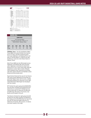 2018-19 LADY BUFF BASKETBALL GAME NOTES
GAME INFO
at UT Permian Basin
Thursday, January 3rd - 5:15 p.m. CT
Falcon Dome - Odessa, Texas
ODESSA, Texas - The #3 Lady Buffs of West
Texas A&M connected 13-times from behind
the arc as they used 40 combined points
from Lexy Hightower and Delaney Nix to roll
past UT Permian Basin in a 69-33 Lone Star
Conference road win at the Falcon Dome in
Odessa, Texas.
West Texas A&M was led offensively by Lexy
Hightower and Delaney Nix with 20 points
each, Hightower connected six times from
behind the arc for a new career-high while Nix
registered a career high in points. Deleyah
Harris grabbed seven rebounds to go along
with three steals while Nix and Nathalie Linden
dished out three assists each.
Nyachristmas Puok led the way for the Falcons
with seven points followed by Lemia Ntor-Ue
and Khali Pippins-Tryon with six each, Juliette
Akinwole grabbed five rebounds on the night
while Alexandrea Washington led all players
with four assists.
WT finished the game going 22-of-48 (45.8%)
from the floor including 13-of-30 (43.3%) from
behind the arc and 12-of-17 (70.6%) from the
charity stripe with 37 rebounds (13 offensive,
24 defensive), 18 assists, 21 turnovers, two
blocks and 14 steals in the win.
The Falcons finished the night going 12-of-44
(27.3%) from the field including 3-of-18 (16.7%)
from deep and 6-of-8 (75%) from the free throw
line with 24 rebounds (eight offensive, 16
defensive), 10 assists, 26 turnovers, no blocks
and seven steals on the night.
Team	 1st	 2nd 	 3rd	 4th	 Tot.	 Rec.
WT	 18	 22	 10	 19	 69	11-0
UTPB	 11	 4	 12	 6	 33	3-8
GAME #11
Official Basketball Box Score -- Game Totals -- Final Statistics
West Tex. A&M vs Tex. Permian Basin
01/03/19 5:15 pm at
West Tex. A&M 69 • 11-0
Total 3-Ptr Rebounds
## Player FG-FGA FG-FGA FT-FTA Off Def Tot PF TP A TO Blk Stl Min
41 Tyesha Taylor c 1-1 0-0 5-6 3 1 4 4 7 0 4 0 0 20
02 Deleyah Harris g 1-4 1-4 2-4 1 6 7 1 5 3 4 0 5 27
04 Lexy Hightower g 7-8 6-7 0-0 1 2 3 0 20 2 2 0 3 29
10 Delaney Nix g 7-13 4-9 2-2 1 0 1 2 20 3 2 1 1 24
11 Nathalie Linden g 1-5 0-2 0-0 0 0 0 1 2 3 1 0 0 12
21 Daria Cosgrove 0-4 0-3 0-0 1 5 6 1 0 1 1 1 0 25
23 Braylyn Dollar 1-3 0-0 2-3 3 4 7 3 4 2 3 0 3 20
25 Jenna Legan 1-1 1-1 0-0 1 0 1 0 3 0 1 0 0 3
30 Lucy Burke 1-5 1-4 1-2 0 2 2 2 4 3 2 0 2 25
34 Abby Spurgin 2-3 0-0 0-0 2 4 6 1 4 0 0 0 0 15
40 Mary Rose Foster 0-1 0-0 0-0 0 0 0 0 0 1 0 0 0 2
Team 0 0 0
Totals 22-48 13-30 12-17 13 24 37 15 69 18 20 2 14 202
1st - FG %: 6-16 37.5%
3FG %: 3-10 30.0%
FT %: 3-6 50.0%
2nd: 7-14 50.0%
6-11 54.5%
2-2 100.0%
3rd: 2-8 25.0%
1-4 25.0%
5-6 83.3%
4th: 7-10 70.0%
3-5 60.0%
2-3 66.7%
Game: 22-48 45.8%
13-30 43.3%
12-17 70.6%
Deadball
Rebounds
2,1
Tex. Permian Basin 33 • 3-8
Total 3-Ptr Rebounds
## Player FG-FGA FG-FGA FT-FTA Off Def Tot PF TP A TO Blk Stl Min
20 Lemia Ntor-Ue f 1-7 0-2 4-6 0 2 2 2 6 0 4 0 0 26
21 Khali Pippins-Tryon f 3-9 0-4 0-0 0 1 1 1 6 2 4 0 1 25
41 Juliette Akinwole f 1-2 0-0 0-0 2 2 4 4 2 0 2 0 0 16
10 Sarah Bersang g 2-5 0-0 0-0 0 0 0 3 4 0 6 0 1 21
15 Alexandrea Washingto g 1-4 1-3 0-0 1 0 1 1 3 4 2 0 0 20
01 Jada Berry 1-6 0-4 0-0 1 2 3 1 2 1 1 0 0 16
03 Nyachristmas Puok 2-3 1-1 2-2 1 1 2 2 7 0 1 0 1 22
05 Teya Morris 1-4 1-2 0-0 1 0 1 0 3 0 2 0 0 17
11 Alexus Moore 0-0 0-0 0-0 0 1 1 1 0 1 1 0 0 8
13 Kristian James 0-2 0-0 0-0 1 4 5 3 0 2 0 0 3 20
14 Chynna Rivera 0-2 0-2 0-0 0 2 2 2 0 0 2 0 1 8
24 Kiara Collins 0-0 0-0 0-0 0 0 0 0 0 0 0 0 0 2
Team 1 1 2
Totals 12-44 3-18 6-8 8 16 24 20 33 10 25 0 7 201
1st - FG %: 5-14 35.7%
3FG %: 1-5 20.0%
FT %: 0-0 0.0%
2nd: 1-10 10.0%
0-2 0.0%
2-4 50.0%
3rd: 4-11 36.4%
2-7 28.6%
2-2 100.0%
4th: 2-9 22.2%
0-4 0.0%
2-2 100.0%
Game: 12-44 27.3%
3-18 16.7%
6-8 75.0%
Deadball
Rebounds
1
Officials:
Technical fouls: West Tex. A&M-None. Tex. Permian Basin-None.
Attendance: 285
2018-19 Women's Basketball. Round: 0. Tex. Permian Basin vs West Tex. A&M. Pla
Score by periods 1st 2nd 3rd 4th Total
West Tex. A&M 18 22 10 19 69
Tex. Permian Basin 11 4 12 6 33
 