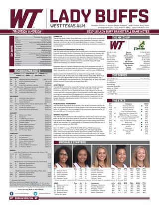 GOBUFFSGO.COM
LADY BUFFSAssistant Director of Athletic Media Relations / WBB Contact: Brent Seals
bseals@wtamu.edu | (O): 806-651-4442 | www.GoBuffsGo.com
2017-18 LADY BUFF BASKETBALL GAME NOTES
GAME#3
SCHEDULE/RESULTS
THE MATCHUP
THE SERIES
THE STATS
PROBABLE STARTERS
2-0 (0-0 LSC)
9th
Kristen Mattio
3rd Season
56-14 (.800)
Hightower (14.0)
Harris (7.5)
Gamble (3.5)
@LadyBuffHoops
GoBuffsGo.com
Record
Ranking
Head Coach
Experience
Record
Top Scorer
Top Rebounder
Top Assists
Twitter
Website
4-0 (0-0 SAC)
None
Darrick Matthews
3rd Season
21-35 (.429)
Ely (15.0)
Ely (10.0)
Holcomb (5.3)
@USAOlive
USAOAthletics.com
Overall (Streak):............................................................... First Meeting
In Canyon:.................................................................................................
In Chickasha:............................................................................................
Neutral Site:..............................................................................................
Unknown Date/Site:................................................................................
Mattio vs. USAO:......................................................................................
Last Meeting:............................................................................................
Last WT Win:.............................................................................................
Last USAO Win:........................................................................................
WT
59.5
43.5
+16.0
.425
.287
.259
.256
3.5
.846
38.0
+11.0
11.0
16.0
+2.0
11.0
4.0
Category
Scoring Offense
Scoring Defense
Scoring Margin
Field Goal Percentage
Field Goal Percentage Def.
3PT Field Goal Percentage
3PT Field Goal Percentage Def.
3-Pointers Per Game
Free Throw Percentage
Rebounds
Rebounding Margin
Assists
Turnovers
Turnover Margin
Steals
Blocks
USAO
73.8
56.5
+17.3
.440
.303
.356
.385
6.5
.662
41.8
+12.3
18.8
18.0
+16.0
10.3
2.8
WT 		 Pos. 	 Ht. 	 Yr. 	 Hometown 	 PPG 	 RPG 	 APG 	 FG% 	 3FG% 	 FT%
2	 Deleyah Harris	 G	 5-9	 Jr.	 Omaha, Nebraska	 11.0	 7.5	 2.0	 .583	 .667	 1.000
3	 Megan Gamble	 G	 5-7	 So.	 Omaha, Nebraska	 4.5	 3.5	 3.5	 .667	 .500	 .000
4	 Lexy Hightower	 G	 5-8	 So.	 Amarillo, Texas	 14.0	 0.5	 2.0	 .385	 .250	 1.000
20	 Tiana Parker	 P	 6-5	 Jr.	 Chehalis, Washington	 6.5	 5.5	 3.0^	 .333	 .000	 .333
42	 Madison Parker	 F	 5-10	 Sr.	 Canyon, Texas	 4.0	 3.5	 0.5	 .571	 .000	 .000
^ blocks per game | check out WT’s broadcast notes on the final page for complete info on all the Lady Buffs
USAO	 Pos. 	 Ht. 	 Yr. 	 Hometown 	 PPG 	 RPG 	 APG 	 FG% 	 3FG% 	 FT%
4	 Rebecca Worthy	 G	 5-6	 Sr.	 Stillwater, Oklahoma	 6.5	 4.5	 3.0	 .360	 .250	 .667
10	 Darian Hill	 G	 5-8	 Sr.	 Harrah, Oklahoma	 11.5	 3.3	 1.8	 .333	 .300	 .917
12	 Dierra Ely	 F	 5-10	 Sr.	 Arlington, Texas	 15.0	 10.0	 4.8	 .421	 .250	 .714	
22	 Vivian Holcomb	 F	 6-1	 Jr.	 Indianapolis, Indiana	 6.5	 7.8	 5.3	 .667	 .000	 .545
32	 Shaylynn Bass	 G	 5-11	 Sr.	 Atoka, Oklahoma	 16.3	 4.3	 0.5^	 .583	 .579	 857
^ blocks per game
OVERALL: 2-0 | LONE STAR: 0-0 | STREAK: W2
HOME: 0-0 | AWAY: 2-0 | NEUTRAL: 0-0
NOVEMBER
Sat.	 4	 Wayland Baptist (Exhibition)		L, 68-73 (OT)
Fri.	 10	 at UC-Colorado Springs		 W, 61-34
Sat.	 11	 at Regis		 W, 58-53
Thu.	 16	 University of Science & Arts		 5:30 p.m.
WT Pak-A-Sak Thanksgiving Classic (Canyon, TX)
Thu.	 24	 Texas A&M-International		 2:30 p.m.
Fri. 	 25	 #5 Colorado State-Pueblo		 2:30 p.m.
Thu.	 30	 at Western New Mexico *		 6:30 p.m.
DECEMBER
Sat.	 2	 at Eastern New Mexico *		 3:00 p.m.
Tue.	 5	 at UT Permian Basin *		 5:30 p.m.
Thu.	 7	 Texas Woman’s *		 5:30 p.m.
Viking Holiday Hoops Classic (Bellingham, WA)
Mon.	 18	 vs. Simon Frasier		 7:00 p.m.
Tue. 	 19	 at Western Washington		 9:30 p.m.
Fri.	 29	 University of the Southwest		 5:30 p.m.
JANUARY
Thu.	 4	 Midwestern State *		 5:30 p.m.
Sat. 	 6	 Cameron *		 2:00 p.m.
Thu. 	 11	 at (RV) Angelo State *		 5:30 p.m.
Sat.	 13	 at Texas A&M-Kingsville *		 4:00 p.m.
Thu. 	 18	 Tarleton State *		 5:30 p.m.
Sat. 	 20	 Texas A&M-Commerce *		 2:00 p.m.
Thu.	 25	 Eastern New Mexico *		 5:30 p.m.
Sat.	 27	 Western New Mexico *		 2:00 p.m.
Tue.	 30	 UT Permian Basin *		 5:30 p.m.
FEBRUARY
Sat.	 3	 at Texas Woman’s *		 2:00 p.m.
Thu.	 8	 at Cameron *		 5:30 p.m.
Sat.	 10	 at Midwestern State *		 2:00 p.m.
Thu.	 15	 Texas A&M-Kingsville *		 5:30 p.m.
Sat.	 17	 (RV) Angelo State *		 2:00 p.m.
Thu.	 22	 at Texas A&M-Commerce *		 5:30 p.m.
Sat.	 24	 at Tarleton State *		 2:00 p.m.
MARCH
Lone Star Conference Championship (Frisco, TX)
Th./Fr.	 1/2	 LSC Quarterfinals		 T.B.D.
Sat.	 3	 LSC Semifinals		 T.B.D.
Sun.	 4	 LSC Championship		 T.B.D.
NCAA South Central Regionals (Top Seed Host)
Fri.	 9	 Regional Quarterfinals		 T.B.D.
Sat.	 10	 Regional Semifinals		 T.B.D.
Mon.	 12	 Regional Championship		 T.B.D.
NCAA Division II Elite Eight (Sioux Falls, S.D.)
Tue.	 20	 National Quarterfinals		 T.B.D.
Wed.	 21	 National Semifinals		 T.B.D.
Fri.	 23	 National Championship		 T.B.D.
* - Denotes LSC Game
All Times Central and Subject to Change
Rankings Refelct the Newest NABC Division II Top-25 Poll
Home Games played at the First United Bank Center (FUBC)
WEST TEXAS A&M
COMING UP
The #9 Lady Buffs of West Texas A&M open up their 2017-18 home schedule on
Thursday night as they host the Drovers of the University of Science & Arts with
tipoff set for 5:30 p.m. at the First United Bank Center in Canyon. Thursday’s
contest will be an exhibition for the Drovers while being considered a counter for
the Lady Buffs.
WBCA DIVISION II PRESEASON TOP-25 POLL
The Lady Buffs enter the 2017-18 season ranked ninth in the Women’s Basketball
Coaches Association Division II Preseason Top-25 announced on October 31st.
WT is coming off of the program’s third Elite Eight appearance in the last four
years as they return just one starter from last year’s Regional Championship
squad. Sophomore Lexy Hightower (9.1ppg) and senior Sydney Walton (7.5ppg)
highlight a talented group of returners for the Lady Buffs along with eight
newcomers including four Division I transfers.
Defending National Champion Ashland sits atop of the preseason poll with 23
of the possible 24 first place votes for a total of 599 points followed by Virginia
Union who picked up the last remaining first place vote for a total of 566 points.
Harding ranked third (520) followed by Alaska Anchorage (506), Colorado
State-Pueblo (438), Bentley (424), Drury (408), Valdosta State (396), West Texas
A&M (387) and California (PA) to round out the top ten with 379 points. The
South Central Region was represented by CSU-Pueblo (5th), WT (9th), Fort Lewis
(22nd), Lubbock Christian (RV) and Angelo State (RV).
2016-17 RECAP
The Lady Buffs finished the season 26-9 losing to eventual national champion
Ashland in the Elite Eight in Columbus, Ohio. WT went 15-5 in Lone Star
Conference play and won the 2017 NCAA South Central Regional as the No.
4-seed with three outstanding games at top-seeded Colorado State-Pueblo for
the program’s seventh Elite Eight appearance in program history. WT won the
regional final game with a thrilling 86-64 victory over No. 2-seed and LSC rival
Angelo State after defeating top-seeded CSU-Pueblo in the semifinal round,
70-67 in overtime.
WT IN THE NCAA TOURNAMENT
The Lady Buffs improved to 35-23 all-time in the NCAA Tournament with the 35
wins ranking sixth-most all-time in NCAA Division II and ranks fourth-most among
active DII institutions. In the four-straight NCAA tournament appearances for WT,
the Lady Buffs are 13-4 during the stretch.
WINNING TRADITION
The 2016-17 season marked the fifth-straight year of 20 or more wins for the Lady
Buffs. WT has won 30 or more games in 2013-14 and 2014-15 and have 30 wins
in six seasons since 1980-81. The Lady Buffs have not had a losing season since
1980-81 and have won 20 or more games in 28 seasons during that span with a
string of nine-straight from 1983-1992.
Since the 2012-13 season, WT is 136-31 (.818) with four NCAA postseason
appearances, a national runner-up finish (2014), three Elite Eight trips (2014,
2015, 2017) and an NCAA Sweet Sixteen appearance (2016). In the Lone Star
Conference, the Lady Buffs have been just as successful with three LSC regular
season titles (2014-2016), two Lone Star Conference Tournament Championships
(2014, 2015) and four trips to the LSC Championship game.
Date:.......................................... Thursday, November 16th
Time:.................................................................. 5:30 p.m. CT
Location:........................................................Canyon, Texas
Venue:........................First United Bank Center (4,700)
Webstream:...................................... www.GoBuffsGo.com
Provider:................................................... Stretch Internet
Live Stats:......................................... www.GoBuffsGo.com
Provider:......................................................StatBroadcast
Radio:...............................................................Lone Star 98.7
Talent:.........................Lucas Kinsey (@LucasKinseyWT)
Online:......................................... www.LoneStar987.com
Website:............................................ www.GoBuffsGo.com
Twitter:..............................................................@WTAthletics
Facebook:..................................................com/WTAthletics
Instagram:...............................................@WTAMUAthletics
YouTube:....................................................com/WTAthletics
Follow the Lady Buffs on Social Media
.com/LadyBuffHoops @LadyBuffHoops
 
