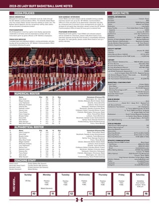 2019-20 LADY BUFF BASKETBALL GAME NOTES
QUICK FACTS
GENERAL INFORMATION
Location......................................................................Canyon, Texas
Founded........................................................................................ 1910
Enrollment........................................................ 10,169 (Spring 2018)
Colors...................................................................Maroon and White
Nickname...........................................................................Lady Buffs
Home Facility............................First United Bank Center (FUBC)
Capacity................................................................................... 4,800
Opened..............................................................January 26, 2002
Conference.................................................. Lone Star Conference
Affiliation..................................................................NCAA Division II
President.........................................................Dr. Walter V. Wendler
Director of Intercollegiate Athletics.............. Michael McBroom
Senior Woman’s Administrator..................... Stephanie Sumpter
Faculty Athletics Representative.......................Dr. Dave Rausch
Athletics Department Phone................................(806) 651-4400
FACILITY HISTORY
Opened.................................................................January 26, 2002
Capacity...................................................................................... 4,800
Home Record (Since 1/26/02)....................................217-32 (.871)
Undefeated Seasons at the FUBC (Last)....................4 (2013-14)
HISTORY
Start of Modern Statistical Era................. 1980-81 (40th season)
All-Time Record........................................................933-259 (.782)
All-Time Home Record...............................................502-70 (.881)
All-Time Road/Neutral Record...............................430-189 (.693)
NCAA Postseason Appearances............................................... 25
Last NCAA Postseason Appearance................................. 201819
....................(Lost to Angelo State (70-73 OT) - Regional Semis)
LSC Division/Regular Season Titles (Last)................18 (2018-19)
LSC Tournament Appearances....................................................32
LSC Tournament Championships (Last)....................15 (2018-19)
BASKETBALL COACHING STAFF
Head Coach.................................................................Kristen Mattio
Alma Mater............................................................Evangel (2003)
Record at WT.................................................115-25 (5th Season)
Winning Percentage at WT..................................................82.1%
Career Record...............................................115-25 (5th Season)
Associate Head Coach......................................... Camille Perkins
Assistant Coach.....................................................Kristian Branson
2018-19 REVIEW
Overall Record.............................................................................29-4
......................................Home: 14-2 | Away: 10-2 | Neutral: 5-0
LSC Record (Finish)...........................................................17-3 (T-1st)
Conference Tournament...................................... LSC Champions
..................................................vs. Texas A&M-Kingsville, W 74-51
..............................................vs. Texas A&M-Commerce, W 58-44
..................................................................vs. Angelo State, W 71-55
Postseason.............................South Central Regional Semifinals
.................................................. vs. Eastern New Mexico, W 68-67
..........................................................vs. Angelo State, L 70-73 (OT)
Final WBCA Ranking...................................................................23rd
2019-20 PREVIEW
Letterwinners Returning/Lost.....................................................9/5
Starters Returning/Lost................................................................ 3/2
Returning Redshirts............................................................................1
Newcomers.........................................................................................5
Returning Minutes...................................... 63.7% (4,238 of 6,651)
Returning Points..........................................61.9% (1,532 of 2,476)
Returning Rebounds.......................................57.8% (689 of 1,192)
ATHLETIC COMMUNICATIONS
Assistant Director/WBB Contact.................................Brent Seals
Cell Phone............................................................(806) 674-7050
Office Phone.........................................................(806) 651-4442
Email................................................................bseals@wtamu.edu
Office Mailing Address..................................WTAMU Box 60049
...............................................................................Canyon, TX 79016
Office Address..............................2620 Russell Long Boulevard
......................................................................... Canyon, Texas 79015
...............................Virgil Henson Activities Center (Room 218A)
Athletics Website......................................... www.GoBuffsGo.com
Twitter.....................................................................@LadyBuffHoops
Facebook................................................................./LadyBuffHoops
Instagram........................................................@LadyBuffBasketball
Sunday Monday Tuesday Wednesday Thursday Friday Saturday
THISWEEK...
10 11 12 13 14 15 16
Off Day Practice
T.B.D.
FUBC
Media Interviews
Practice
T.B.D.
FUBC
Practice
T.B.D.
FUBC
Practice
T.B.D.
FUBC
Practice
T.B.D.
FUBC
GameDay
East Central
Canyon, Texas
6:00 p.m.
MEDIA POLICIES
MEDIA CREDENTIALS
Requests for working media credentials must be made through
the WT Athletic Communications Office. The Amarillo Globe-News
and The Canyon News receive reserved seating on press row. The
Buffalo Sports Network and the recognized visiting radio station
will be provided a broadcast location.
PHOTOGRAPHERS
All photographers covering a game must display appropriate
credentials at all times and are expected to comply with any
instructions given by game officials or WT Athletics employees.
PRESS ROW SERVICES
Complete team and individual statistics, scoring summaries, and play-
by-play will be provided by the WT Athletic Communications Office
immediately following the game.
NON-GAMEDAY INTERVIEWS
Coach Mattio and select players will be available during a weekly
interview session set up by the WT Athletic Communications
Office at a time and place to be determined. Interviews may also
be conducted prior to practice if prior arrangements are made. To
arrange all non-game day interviews, please contact the WT Athletic
Communications Office at least 24 hours prior to desired time.
POSTGAME INTERVIEWS
Following all home games, Coach Mattio and selected players
will be available for interviews, please notify Brent Seals of any
interview requests during the final minutes or immediately following
the game. For road games, please contact Brent Seals to set up a
phone interview.
NUMERICAL ROSTER
ALPHABETICAL ROSTER
#	 Name	 Pos.	 Ht.	 Yr.	 Exp.	 Hometown (Previous/HS)
2	 Asha Scott	 G	 5-8	 So.	 TR	 Washington, D.C. (Vermont)
3	 Megan Gamble	 G	 5-7	 Sr.	 2L	 Omaha, Nebraska (North Dakota State)
4	 Lexy Hightower	 G	 5-8	 Sr.	 3L	 Amarillo, Texas (Amarillo)
5	 McKauley Gregory	 G	 5-9	 Fr.	 HS	 Lubbock, Texas (Cooper)
10	 Delaney Nix	 G	 5-8	 So.	 1L	 Tahlequah, Oklahoma (Tahlequah)
11	 Nathalie Linden	 G	 5-10	 Sr.	 1L	 Stockholm, Sweden (Colorado State)
12	 Sienna Lenz	 G	 5-8	 So.	 TR	 Chilliwack, British Columbia (Simon Fraser)
20	 Tiana Parker	 P	 6-5	 Sr.	 2L	 Chehalis, Washington (Tennessee State)
21	 Daria Cosgrove	 G	 5-9	 Jr.	 2L	 Plano, Texas (Plano West)
23	 Braylyn Dollar	 F	 6-0	 So.	 1L	 Lubbock, Texas (Monterey)
24	 Klara Dolk	 G	 5-11	 Fr.	 HS	 Stockholm, Sweden (Lulea Gymnasiekola)
30	 Ella Felkins	 F	 6-2	 So.	 TR	 Spring, Texas (Georgia Southern)
34	 Abby Spurgin	 P	 6-2	 Jr.	 2L	 Fredericksburg, Texas (Fredericksburg)
40	 Mary Rose Foster	 F	 6-0	 So.	 1L	 Frisco, Texas (Reedy)
#	 Name	 Pos.	 Ht.	 Yr.	 Exp.	 Hometown (Previous/HS)
21	 Daria Cosgrove	 G	 5-9	 Jr.	 2L	 Plano, Texas (Plano West)
24	 Klara Dolk	 G	 5-11	 Fr.	 HS	 Stockholm, Sweden (Lulea Gymnasiekola)
23	 Braylyn Dollar	 F	 6-0	 So.	 1L	 Lubbock, Texas (Monterey)
30	 Ella Felkins	 F	 6-2	 So.	 TR	 Spring, Texas (Georgia Southern)
40	 Mary Rose Foster	 F	 6-0	 So.	 1L	 Frisco, Texas (Reedy)
3	 Megan Gamble	 G	 5-7	 Sr.	 2L	 Omaha, Nebraska (North Dakota State)
5	 McKauley Gregory	 G	 5-9	 Fr.	 HS	 Lubbock, Texas (Cooper)
4	 Lexy Hightower	 G	 5-8	 Sr.	 3L	 Amarillo, Texas (Amarillo)
12	 Sienna Lenz	 G	 5-8	 So.	 TR	 Chilliwack, British Columbia (Simon Fraser)
11	 Nathalie Linden	 G	 5-10	 Sr.	 1L	 Stockholm, Sweden (Colorado State)
10	 Delaney Nix	 G	 5-8	 So.	 1L	 Tahlequah, Oklahoma (Tahlequah)
20	 Tiana Parker	 P	 6-5	 Sr.	 2L	 Chehalis, Washington (Tennessee State)
2	 Asha Scott	 G	 5-8	 So.	 TR	 Washington, D.C. (Vermont)
34	 Abby Spurgin	 P	 6-2	 Jr.	 2L	 Fredericksburg, Texas (Fredericksburg)
COACHING STAFF
Head Coach:	 Kristen Mattio (5th Season)
Associate Head Coach:	 Camille Perkins (6th Season)
Assistant Coach:	 Kristian Branson (3rd Season)
Student Assistant:	 Wade Whaley
 