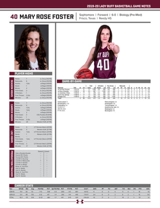2019-20 LADY BUFF BASKETBALL GAME NOTES
40 MARY ROSE FOSTER Sophomore | Forward | 6-0 | Biology (Pre-Med)
Frisco, Texas | Reedy HS
PLAYER HIGHS
SEASONHIGHS
Year	 GP-GS	 Min	 Avg	 FG-FGA	 PCT	 3pt FG-FGA	 PCT	 FT-FTA	 PCT	 O-D-T	 AVG	 PF	 FO	 AST	 T/O	 BLK	 STL	 PTS	 AVG
2018-19	 11-0	83	7.5	 7-13	 .538	 0-3	 .000	 4-6	 .667	 4-8-12	 1.1	 9	 0	 4	 11	 0	 1	 18	 1.6
2019-20	 5-3	89	17.8	 5-12	 .417	 1-4	 .250	 4-9	 .444	 7-10-17	 3.4	 8	 0	 3	 8	 2	 1	 15	 3.0
TOTAL	 16-3	172	10.8	 12-25	 .480	 1-7	 .143	 8-15	 .533	 11-18-29	 1.8	 17	 0	 7	 19	 2	 2	 33	 2.1
CAREER STATS
Points: 	 7	 vs. Drury (11/2/19)
Rebounds: 	 6	 vs. Drury (11/2/19)
Assists: 	 1 (3x)	 at Regis (11/9/19)
Steals: 	 1	 at Regis (11/9/19)
Blocks: 	 2	 at Regis (11/9/19)
Field Goals: 	 2	 vs. Drury (11/2/19)
3-Pointers: 	 1	 vs. Drury (11/2/19)
Free Throws: 	 2 (2x)	 at Regis (11/9/19)
Minutes: 	 25	 vs. Drury (11/2/19)
CAREERHIGHS
Points: 	 7	 vs. Drury (11/2/19)
Rebounds: 	 6	 vs. Drury (11/2/19)
Assists: 	 1 (7x)	 at Regis (11/9/19)
Steals: 	 1 (2x)	 at Regis (11/9/19)
Blocks: 	 2	 at Regis (11/9/19)
Field Goals: 	 3	 CSU-Pueblo (11/24/18)
3-Pointers: 	 1	 vs. Drury (11/2/19)
Free Throws: 	 2 (3x)	 at Regis (11/9/19)
Minutes: 	 25	 Western N.M. (2/7/19)
LSCHIGHS
Points: 	 4	 UT Permain Basin (2/9/19)
Rebounds: 	 4	 Western N.M. (2/7/19)
Assists: 	 1 (3x)	 UT Permain Basin (2/9/19)
Steals: 	 1	 Western N.M. (2/7/19)
Blocks: 	 --	 --
Field Goals: 	 1 (2x)	 UT Permain Basin (2/9/19)
3-Pointers: 	 --	 --
Free Throws: 	 2	 UT Permain Basin (2/9/19)
Minutes: 	 17	 Western N.M. (2/7/19)
PRODUCTIONTRACKER
	 Season 	 Career
Had a Double-Double 	 -- 	 --
Scored 10+ Points 	 --	 --
Scored 20+ Points 	 -- 	 --
Led WT in Scoring 	 -- 	 --
Led WT in Rebounds 	 1	 1
Led WT in Assists 	 -- 	 --
Led WT in Steals 	 -- 	 --
Made 3+ 3-pt FG’s 	 -- 	 --
Had 3+ Steals 	 -- 	 --
Had 3+ Assists	 --	 --
Made 5+ 3-pt FG’s 	 -- 	 --
Had 5+ Steals 	 --	 --
Had 5+ Assists	 --	 --
GAME-BY-GAME
 